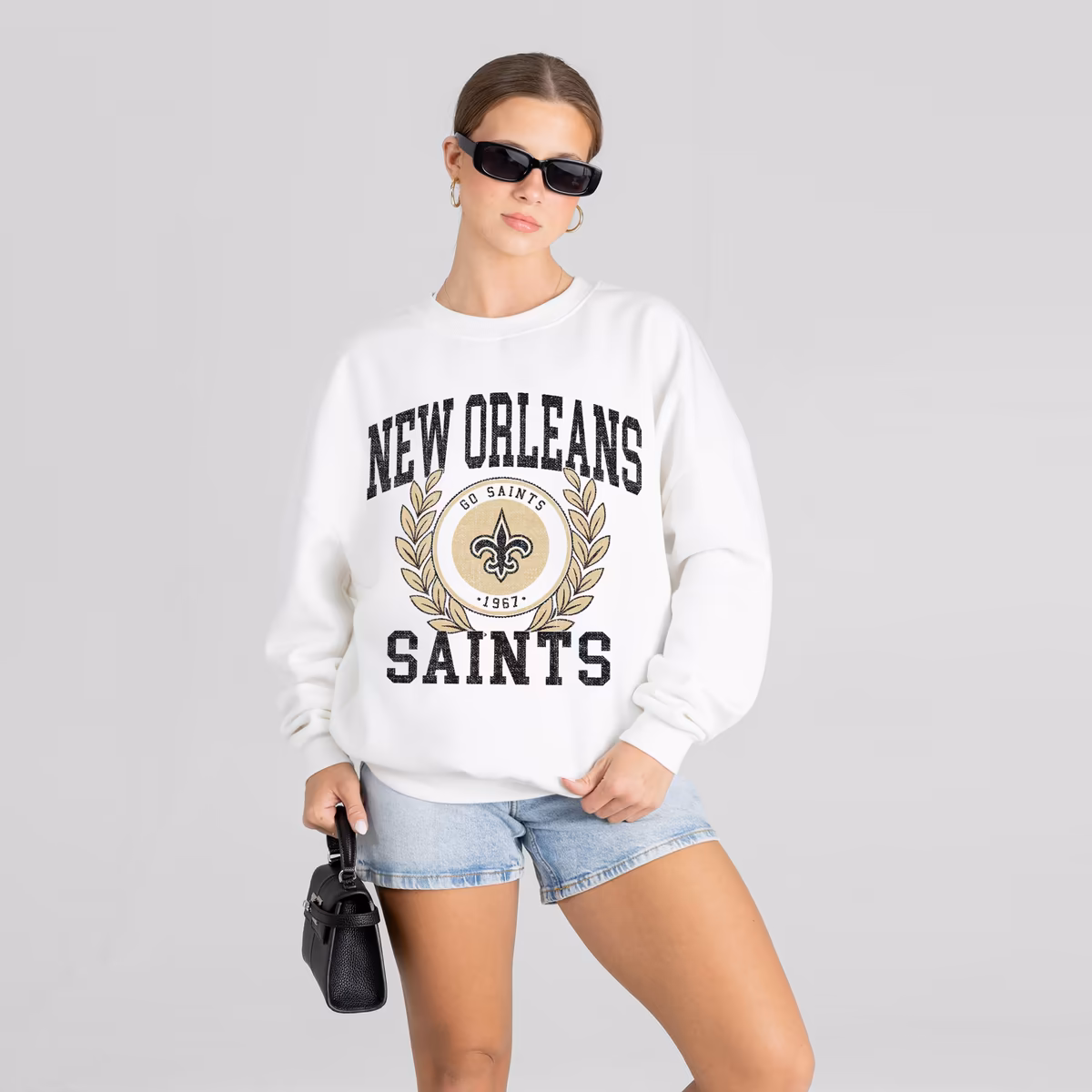 Women's Gameday Couture White New Orleans Saints Gold Standard Oversized Premium Drop Shoulder Sweatshirt