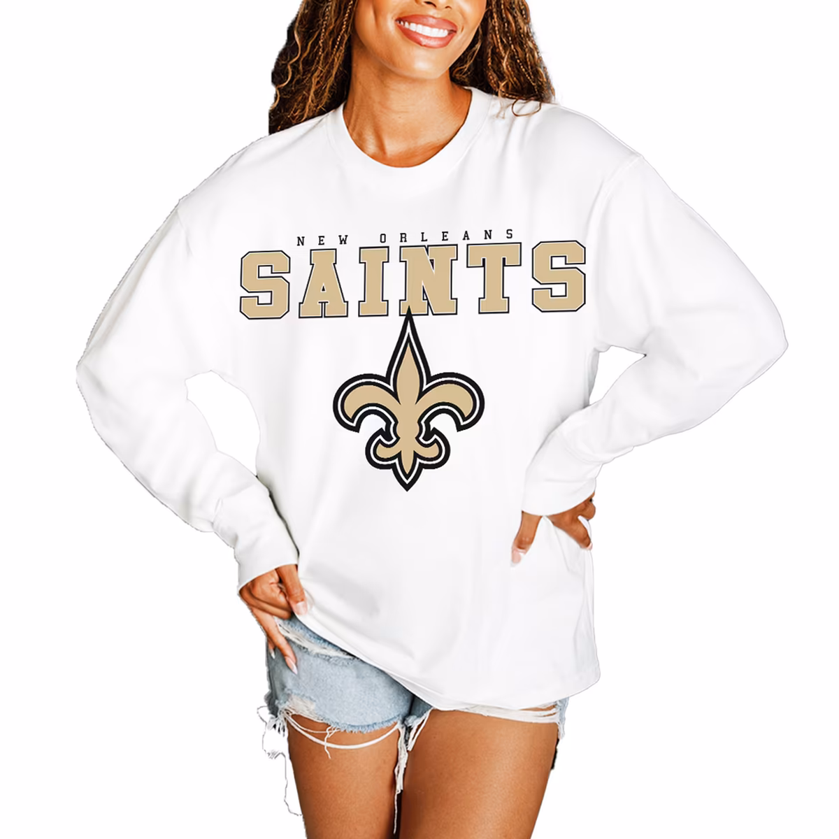 Women's Gameday Couture White New Orleans Saints Big Goals Oversized Long Sleeve T-Shirt 2 Women's Gameday Couture White New Orleans Saints Big Goals Oversized Long Sleeve T-Shirt