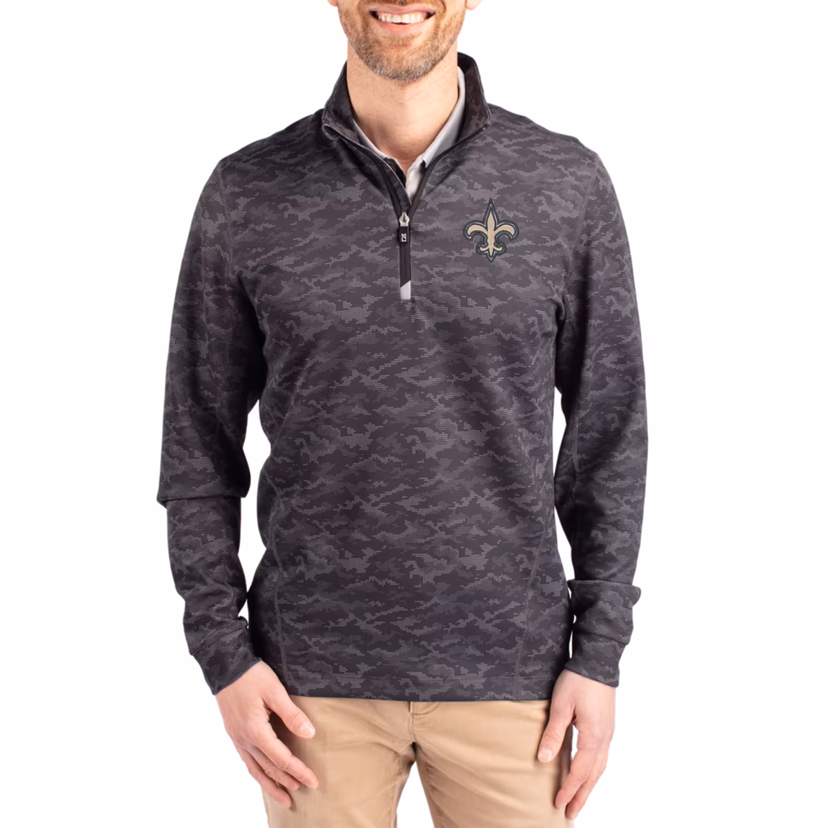 Men's Cutter & Buck Black New Orleans Saints Traverse Camo Print Stretch Quarter-Zip Top 1 Men's Cutter & Buck Black New Orleans Saints Traverse Camo Print Stretch Quarter-Zip Top