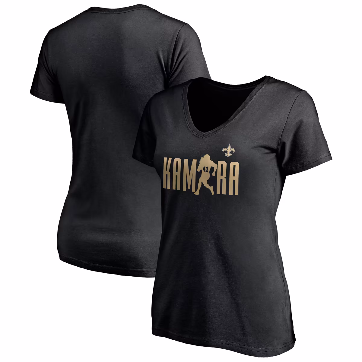 Women's Alvin Kamara Black New Orleans Saints Checkdown V-Neck T-Shirt 2 Women's Alvin Kamara Black New Orleans Saints Checkdown V-Neck T-Shirt