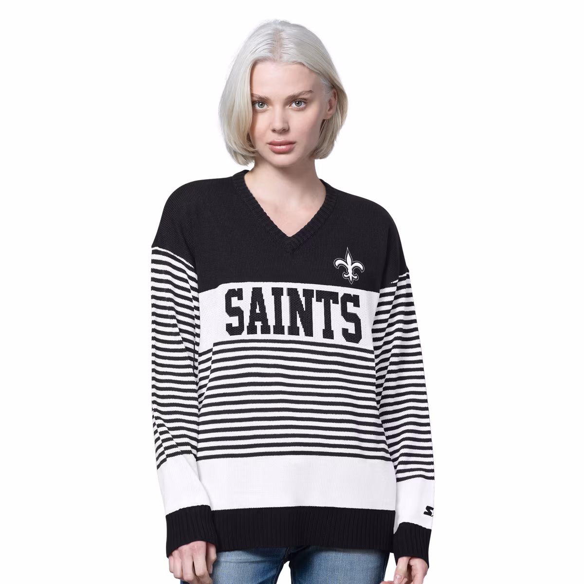 Women's Starter Black New Orleans Saints No Huddle Striped V-Neck Sweater