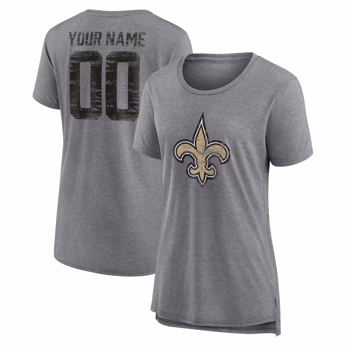Women's Gray New Orleans Saints Heritage Custom Name & Number Tri-Blend T-Shirt