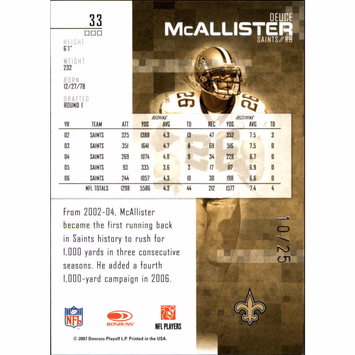2007 Leaf Rookies and Stars Black Holofoil #33 Deuce McAllister
