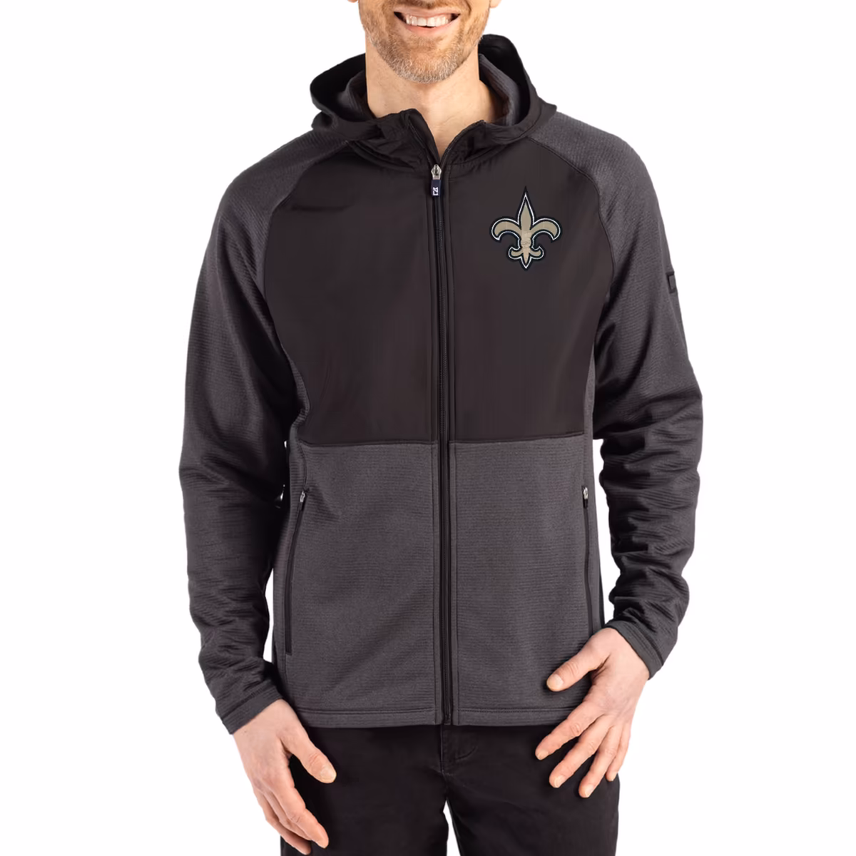 Men's Cutter & Buck  Heather Black New Orleans Saints Peshastin Eco Fleece Recycled Raglan Full-Zip Tri-Blend Hybrid Jacket
