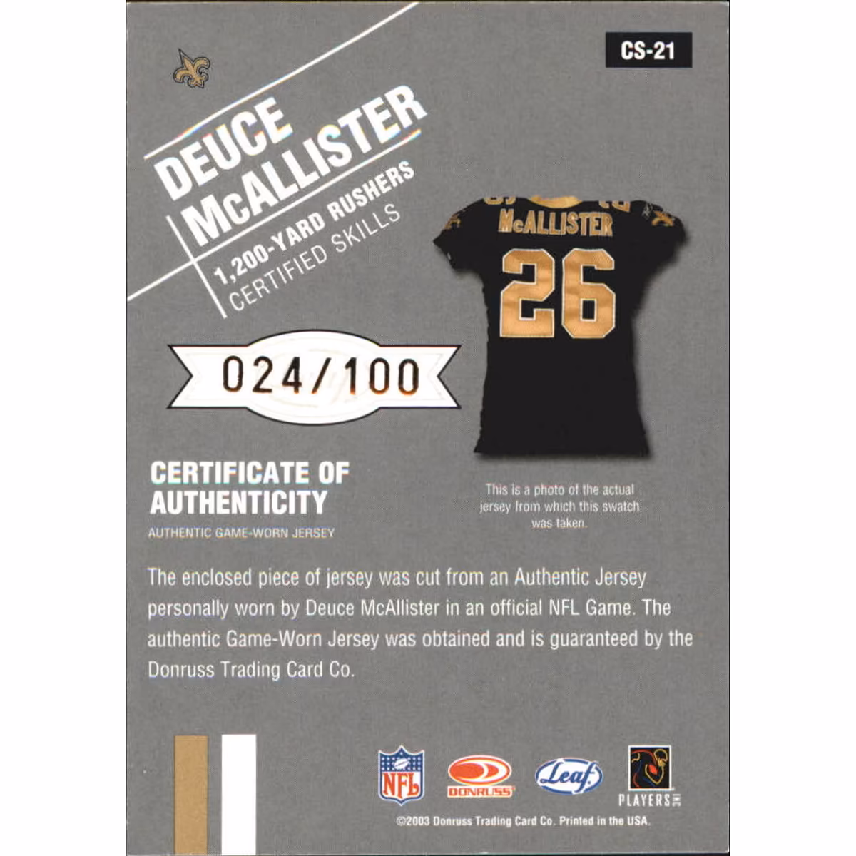 2003 Leaf Certified Materials Skills #CS21 Deuce McAllister