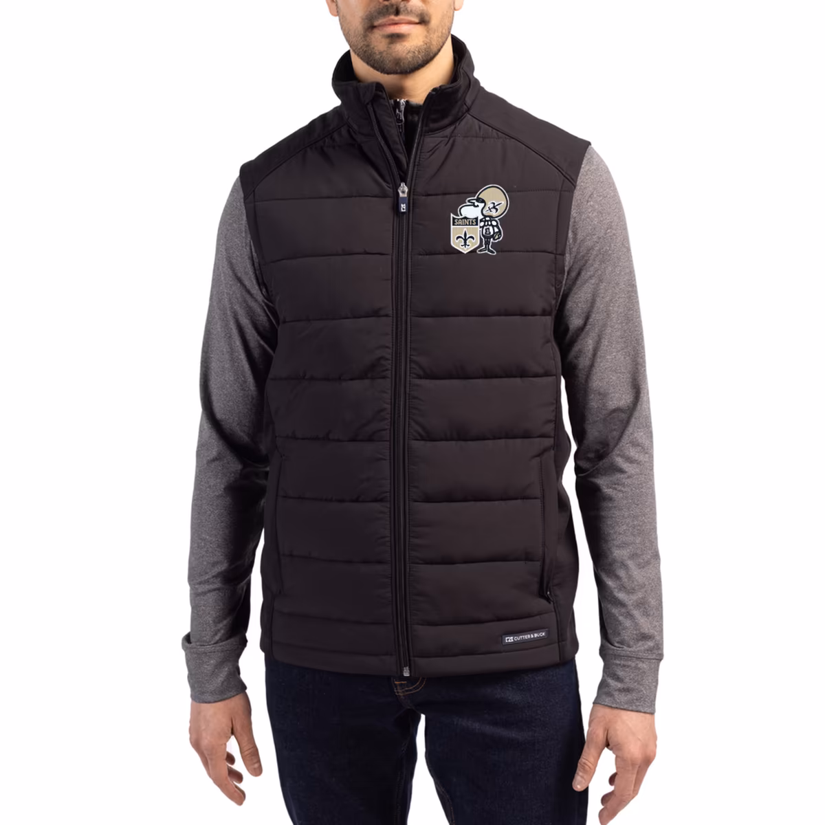 Men's Cutter & Buck Black New Orleans Saints Throwback Evoke Hybrid Eco Softshell Recycled Full-Zip Vest 2 Men's Cutter & Buck Black New Orleans Saints Throwback Evoke Hybrid Eco Softshell Recycled Full-Zip Vest