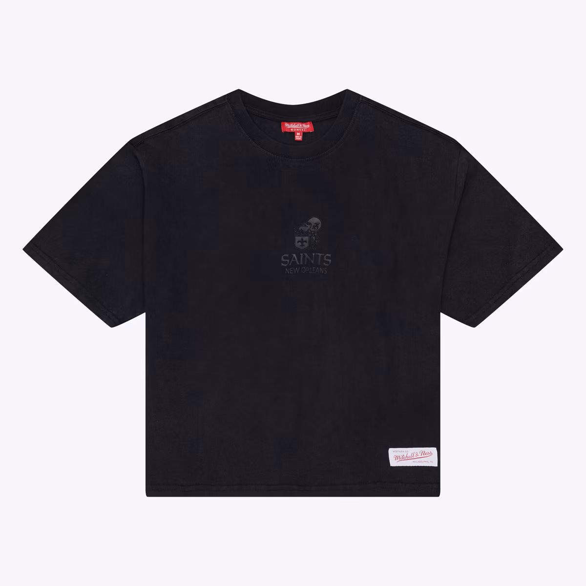 Women's Mitchell & Ness Black New Orleans Saints Core Essentials Micro Logo Boxy Crop T-Shirt 4 Women's Mitchell & Ness Black New Orleans Saints Core Essentials Micro Logo Boxy Crop T-Shirt