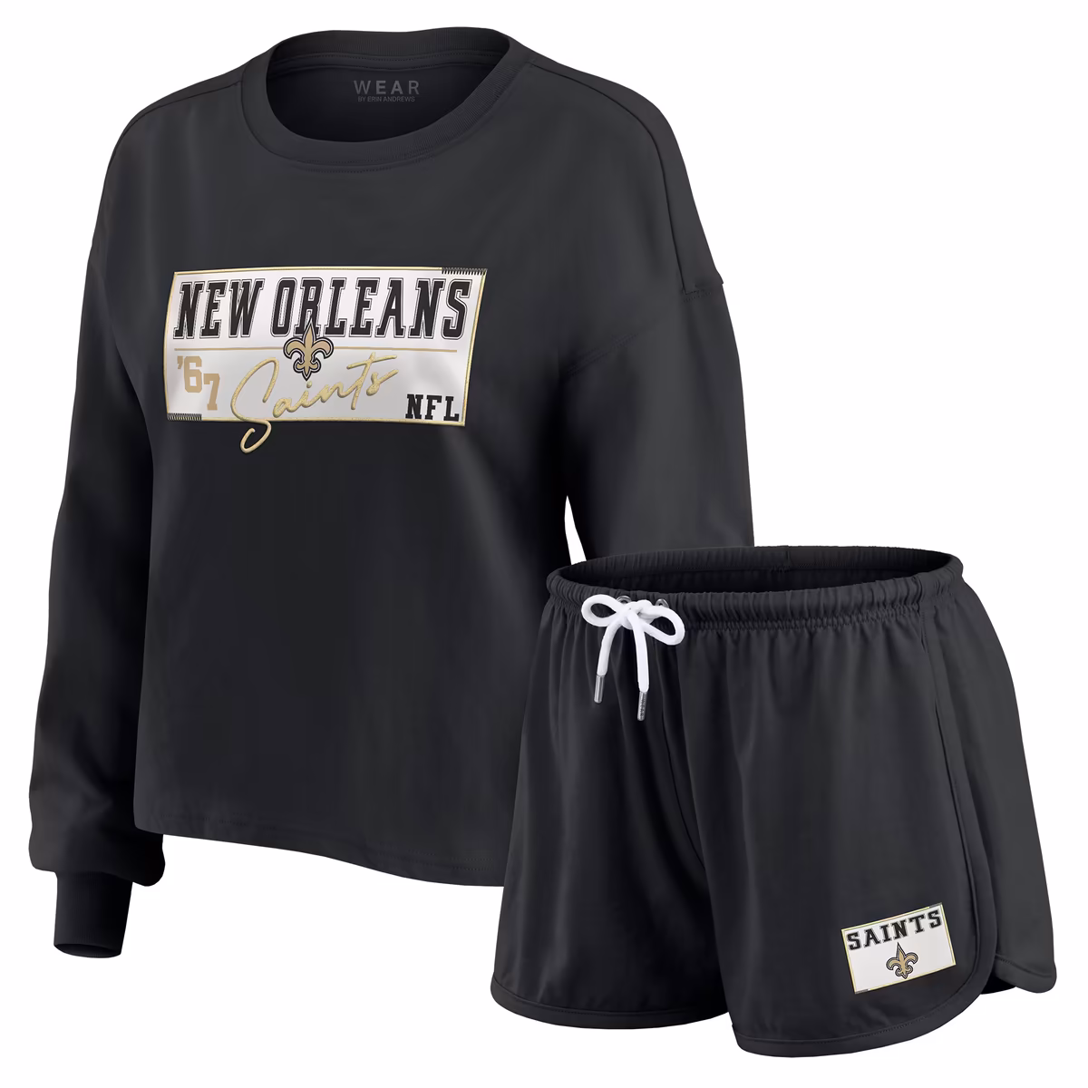Women's WEAR by Erin Andrews Black New Orleans Saints Heavy Rugby Jersey Long Sleeve T-Shirt & Shorts Lounge Set 14 Women's WEAR by Erin Andrews Black New Orleans Saints Heavy Rugby Jersey Long Sleeve T-Shirt & Shorts Lounge Set