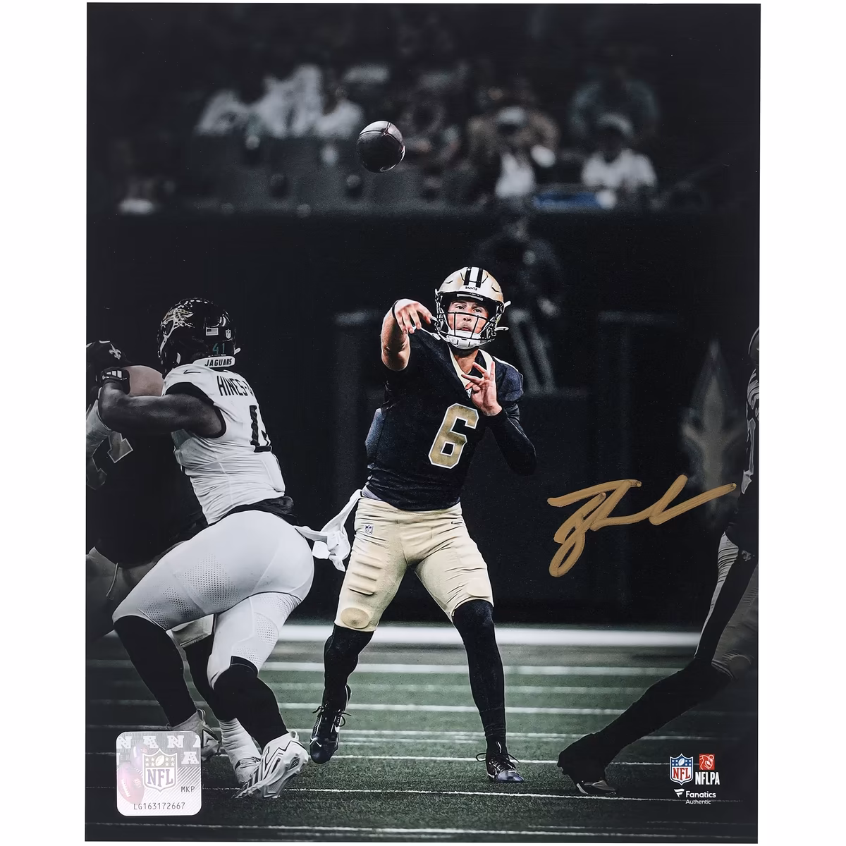 Tyler Shough New Orleans Saints Autographed 8" x 10" Pocket Throwing Spotlight Photograph