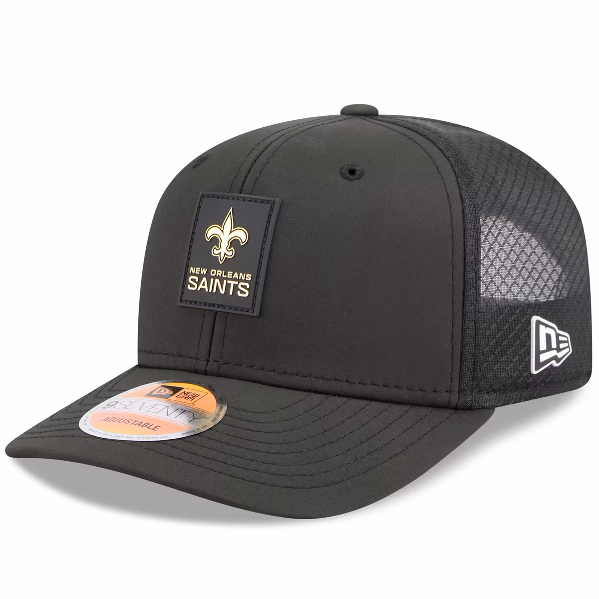Men's New Era Black New Orleans Saints 2025 Sideline 9SEVENTY Trucker Adjustable Hat 2 Men's New Era Black New Orleans Saints 2025 Sideline 9SEVENTY Trucker Adjustable Hat