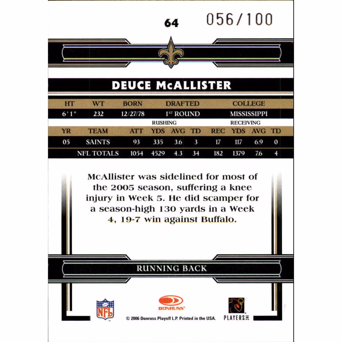 2006 Donruss Threads Silver Holofoil #64 Deuce McAllister