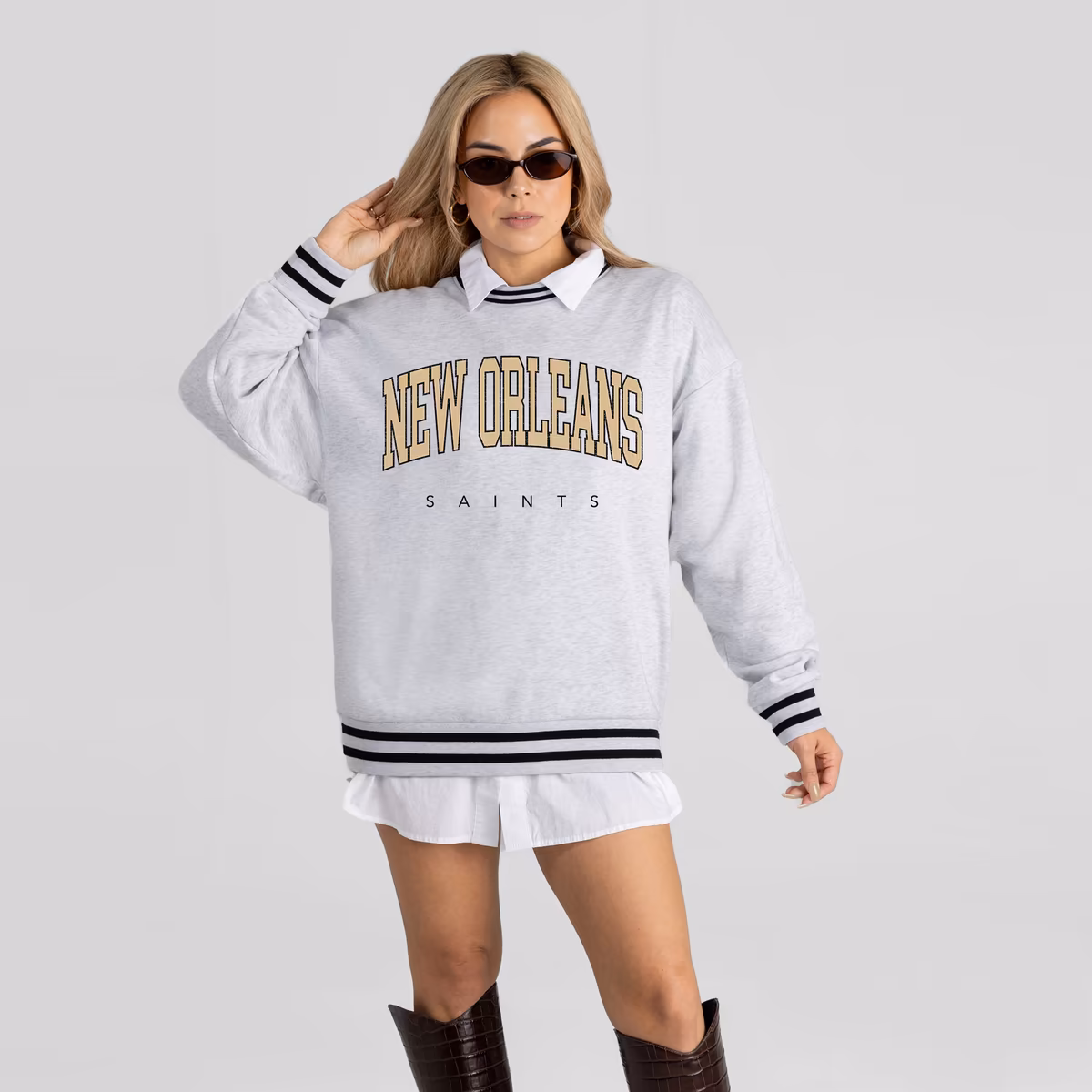 Women's Gameday Couture Ash New Orleans Saints Oversized Easy Energy Ringer Stripe Sweatshirt