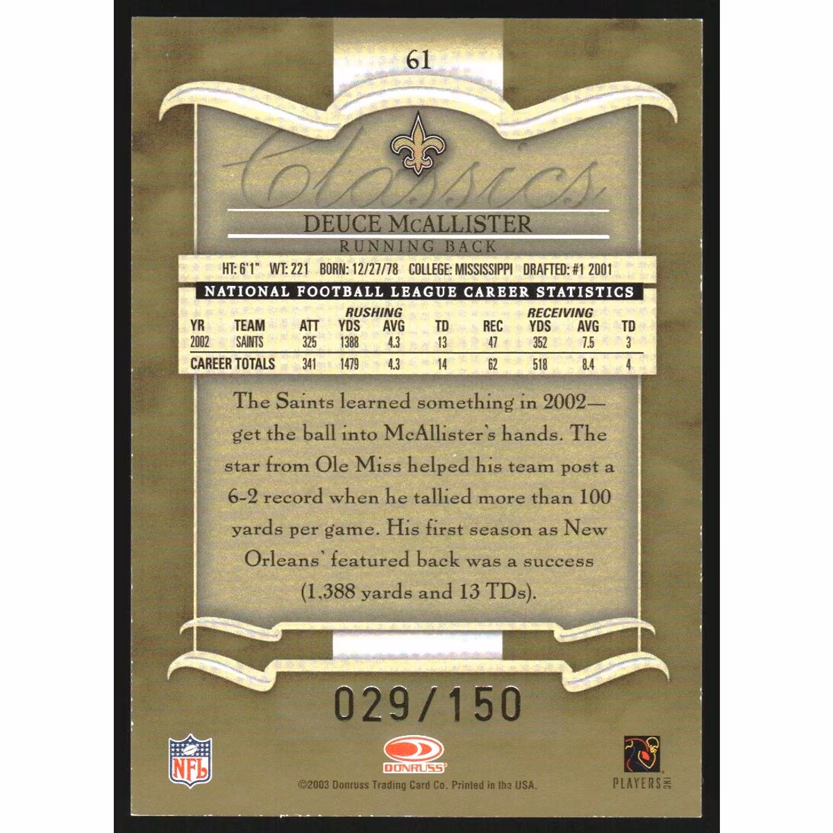 2003 Donruss Classics Timeless Tributes #61 Deuce McAllister