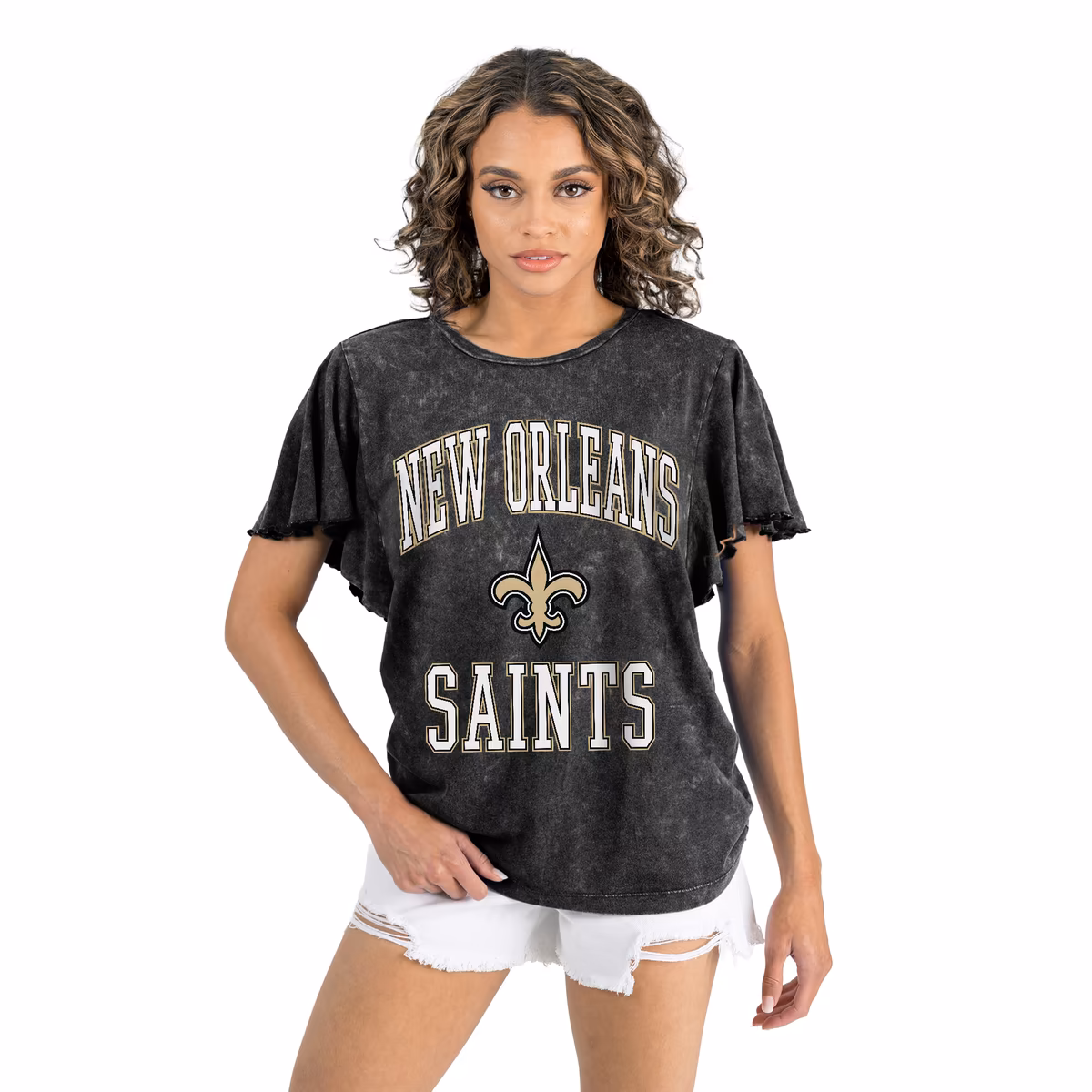 Women's Gameday Couture Black New Orleans Saints Relaxed Flutter Sleeve T-Shirt 3 Women's Gameday Couture Black New Orleans Saints Relaxed Flutter Sleeve T-Shirt