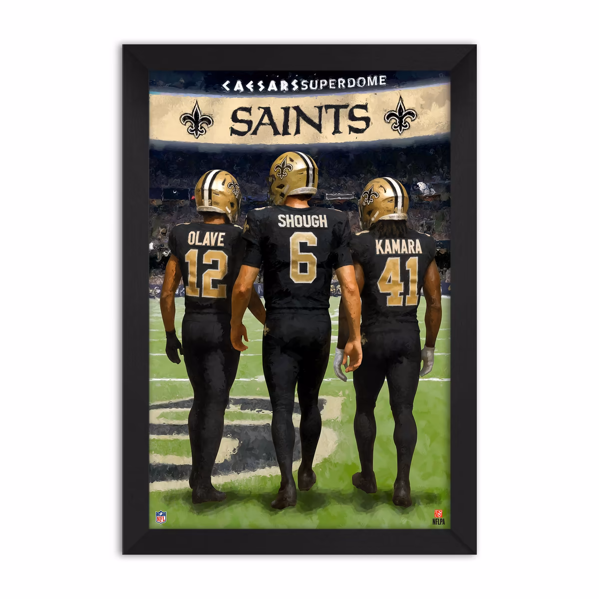 New Orleans Saints Alvin Kamara, Chris Olave & Tyler Shough 14" x 20" Three-Player Framed Print 2 New Orleans Saints Alvin Kamara, Chris Olave & Tyler Shough 14" x 20" Three-Player Framed Print