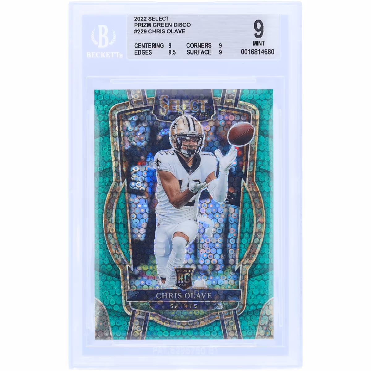 Chris Olave New Orleans Saints 2022 Panini Select Green Disco #229 #3/5 BGS Authenticated 9 Rookie Card - 9,9,9.5,9 Subgrades 15 Chris Olave New Orleans Saints 2022 Panini Select Green Disco #229 #3/5 BGS Authenticated 9 Rookie Card - 9,9,9.5,9 Subgrades