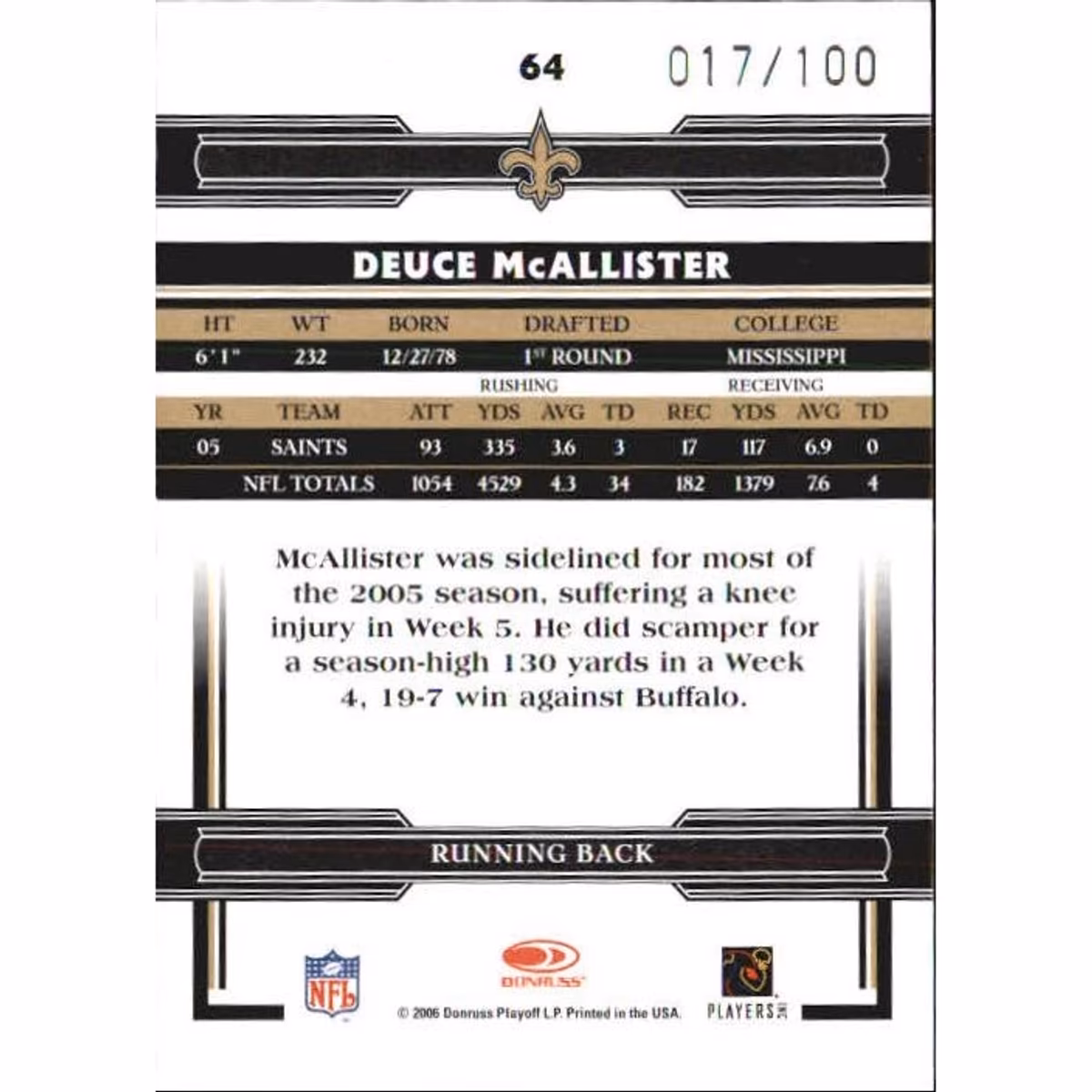 2006 Donruss Threads Retail Green #64 Deuce McAllister
