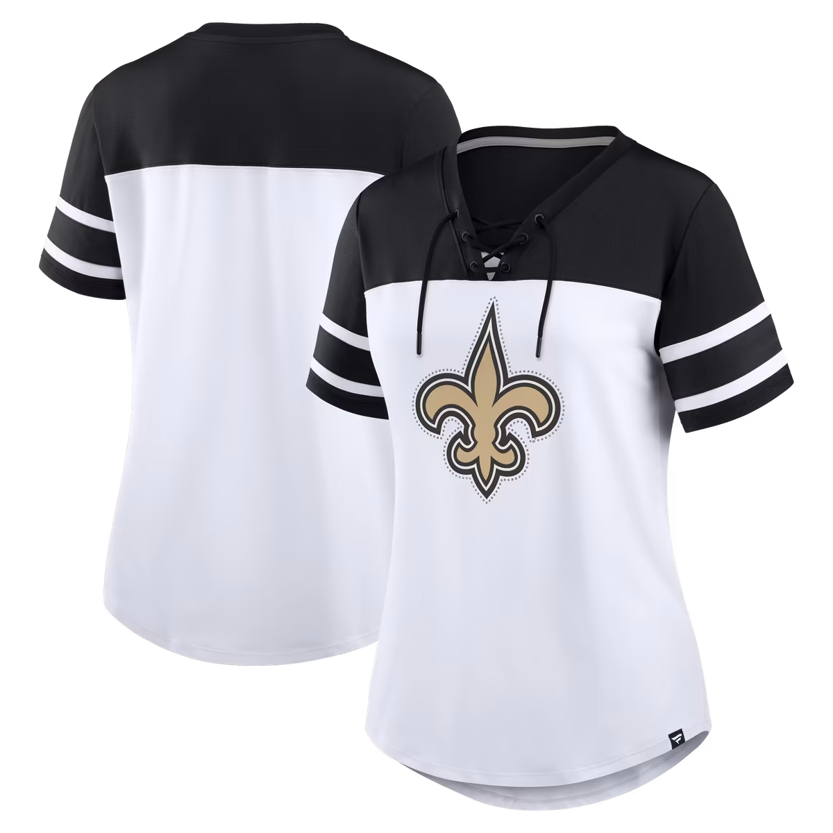 Women's Fanatics White/Black New Orleans Saints Athena Rhinestone Lace-Up V-Neck T-Shirt