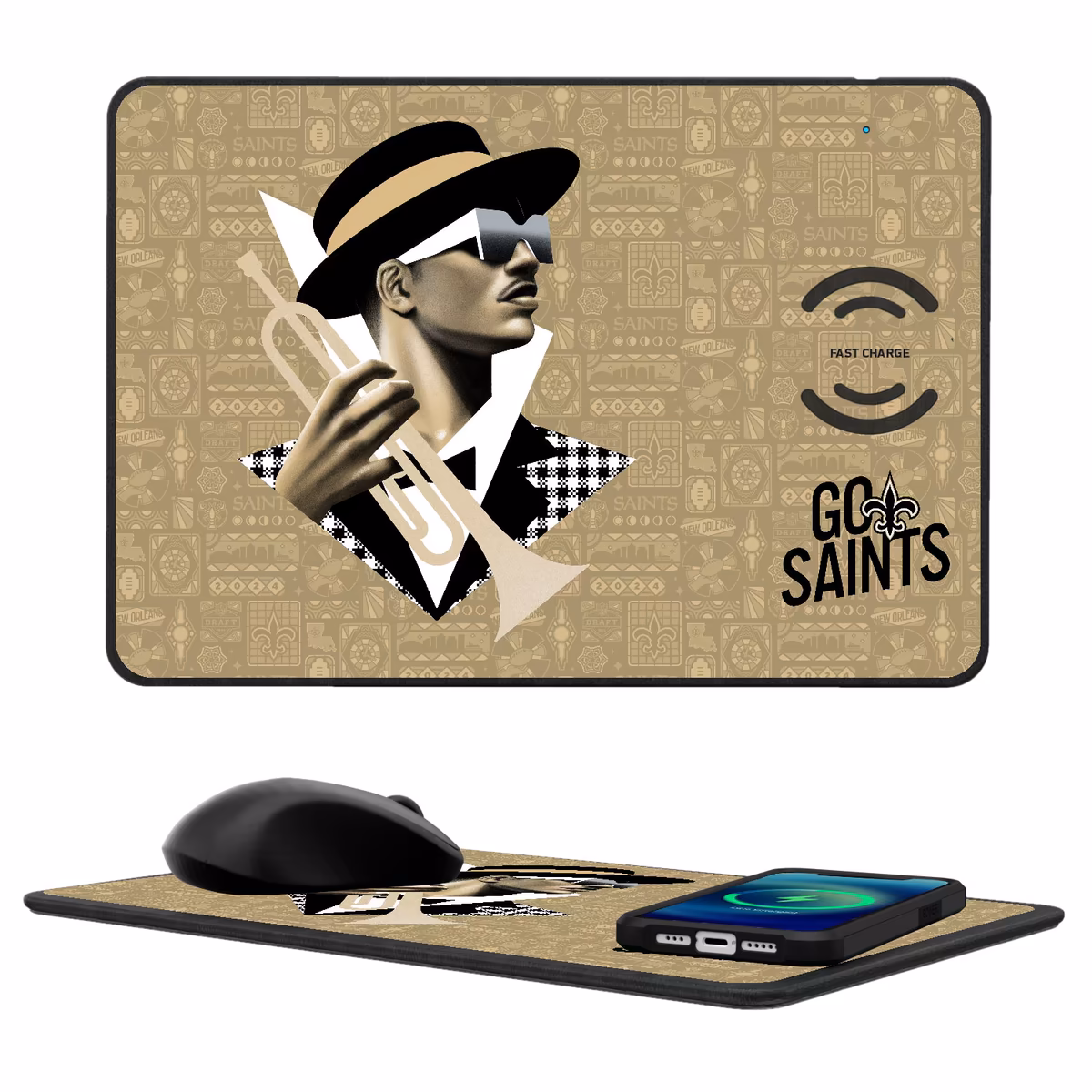 Keyscaper New Orleans Saints 2024 Illustrated 15W Fast Wireless Charger and Mouse Pad