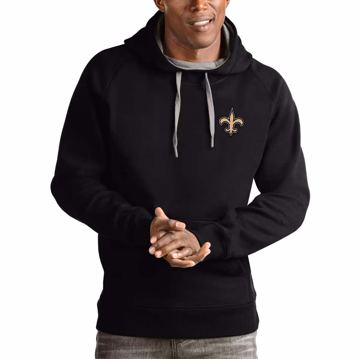 Men's Antigua Black New Orleans Saints Logo Victory Pullover Hoodie 8 Men's Antigua Black New Orleans Saints Logo Victory Pullover Hoodie