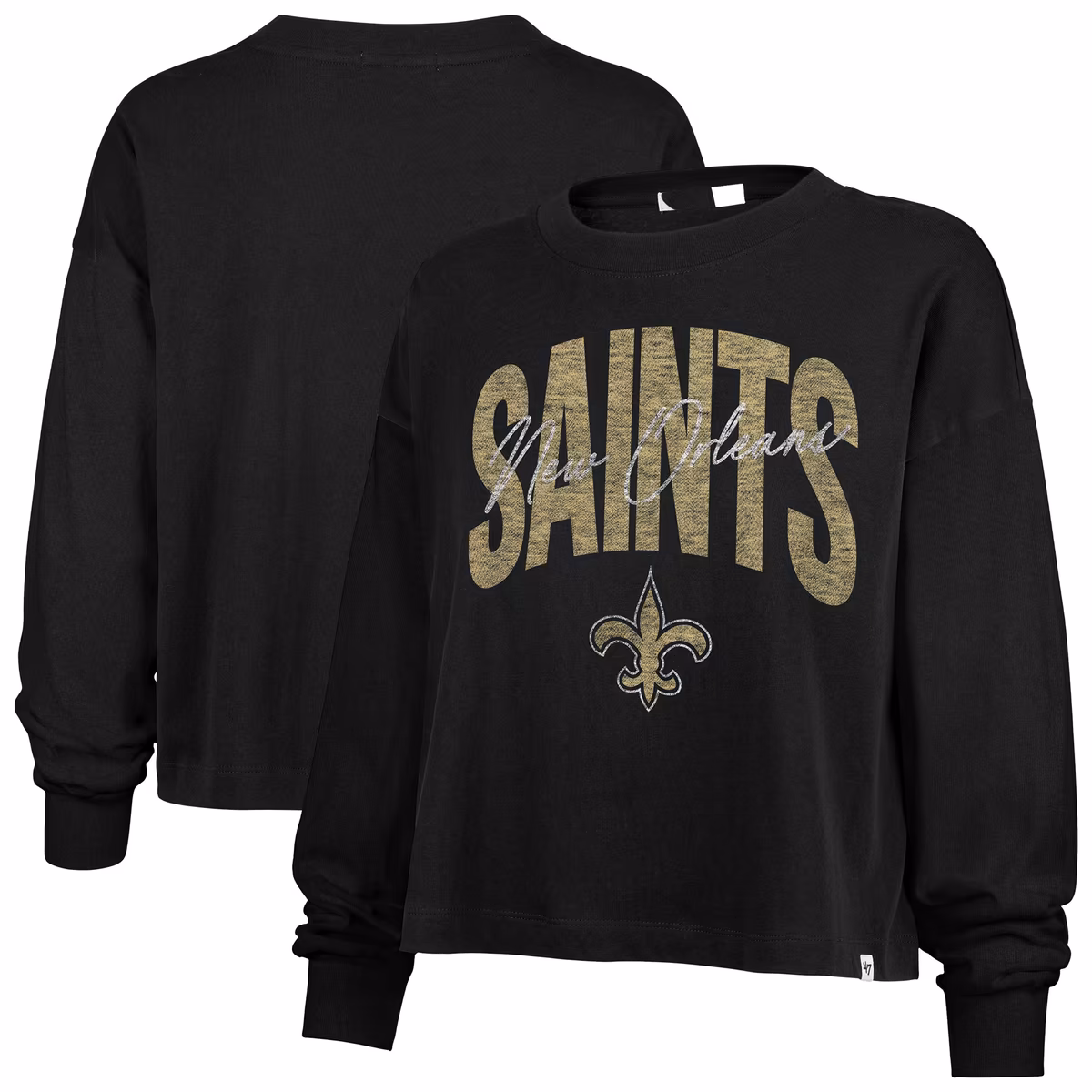 Women's '47 Black New Orleans Saints Muse Sydney Long Sleeve Cropped T-Shirt 1 Women's '47 Black New Orleans Saints Muse Sydney Long Sleeve Cropped T-Shirt