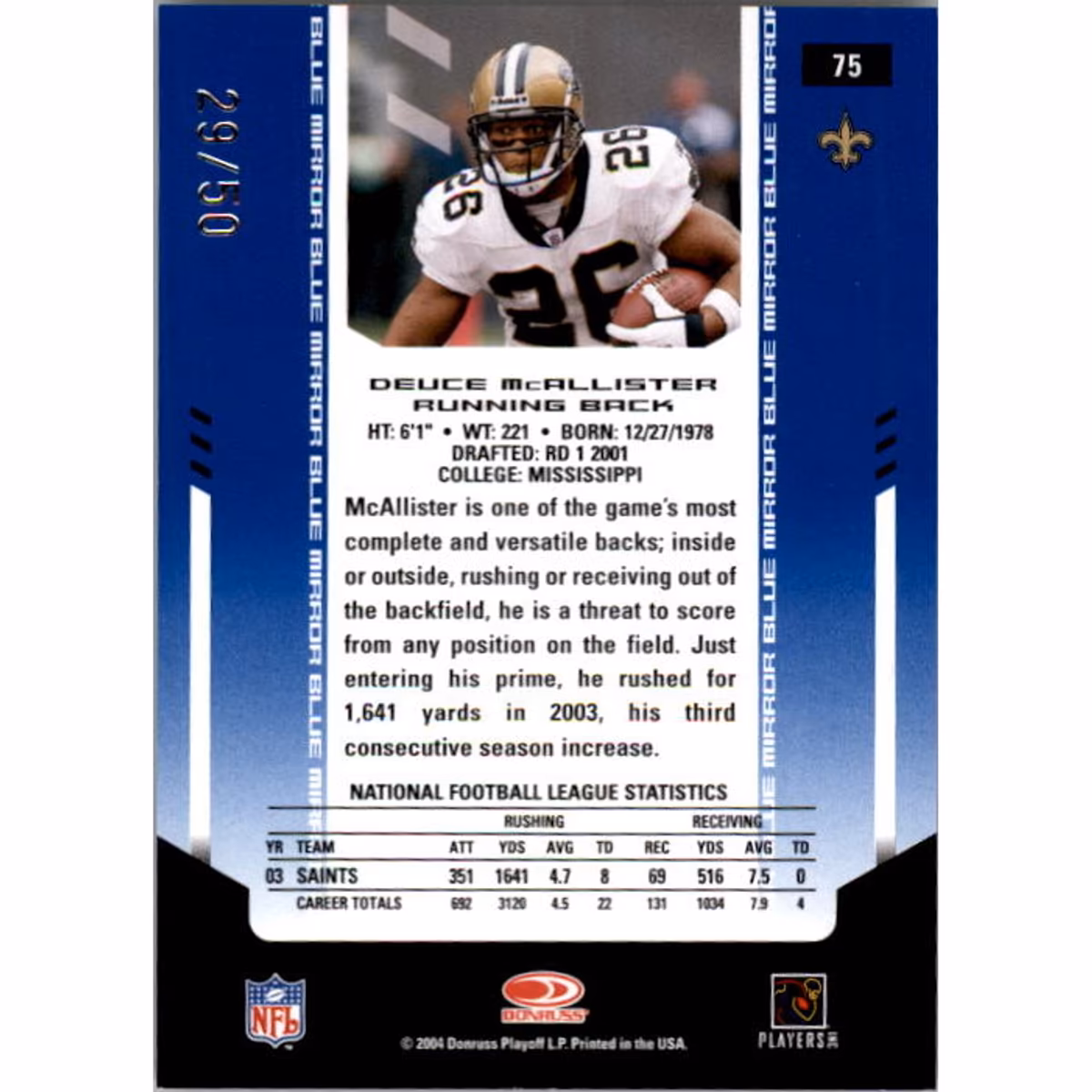2004 Leaf Certified Materials Mirror Blue #75 Deuce McAllister