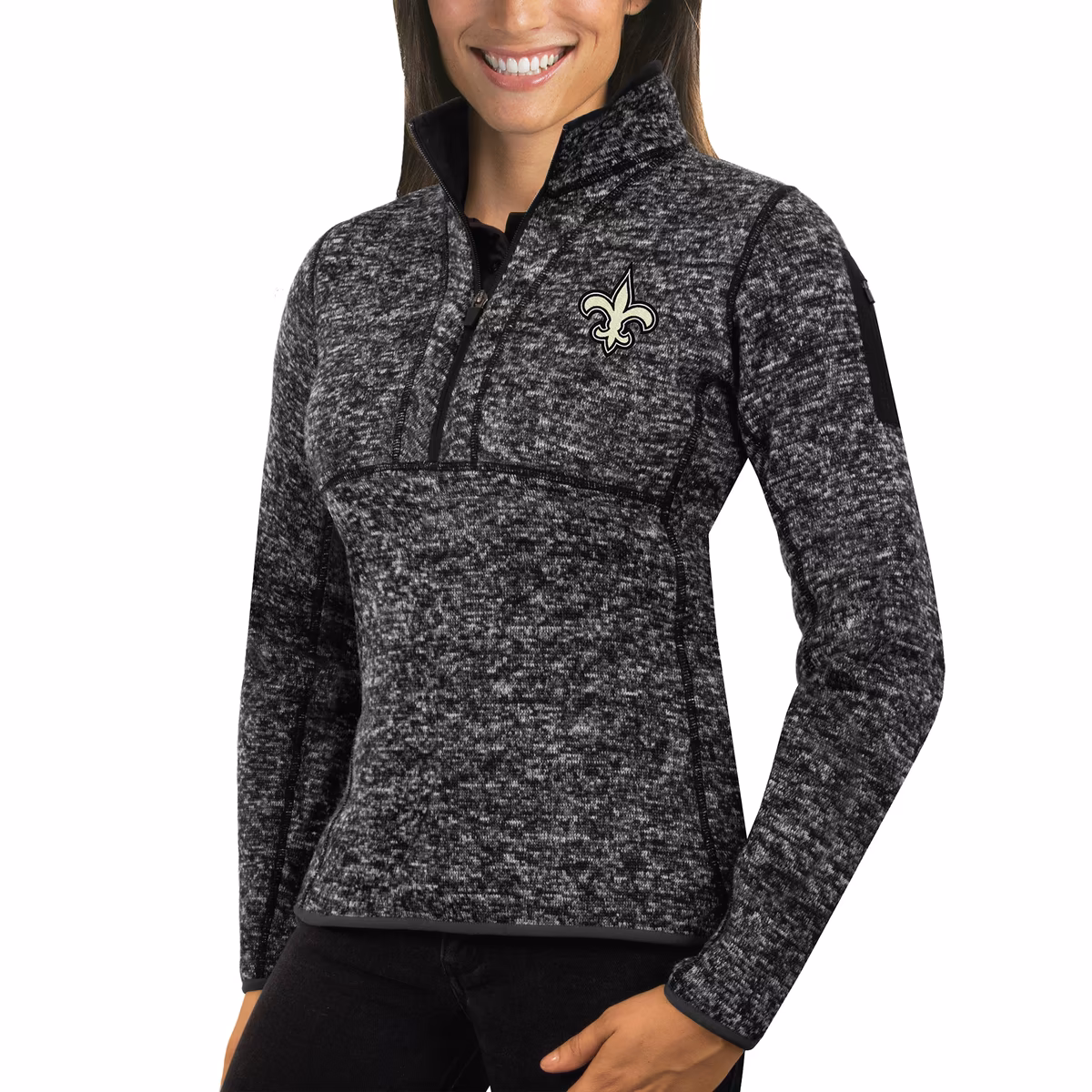 Women's Antigua Heather Black New Orleans Saints Fortune Half-Zip Sweater
