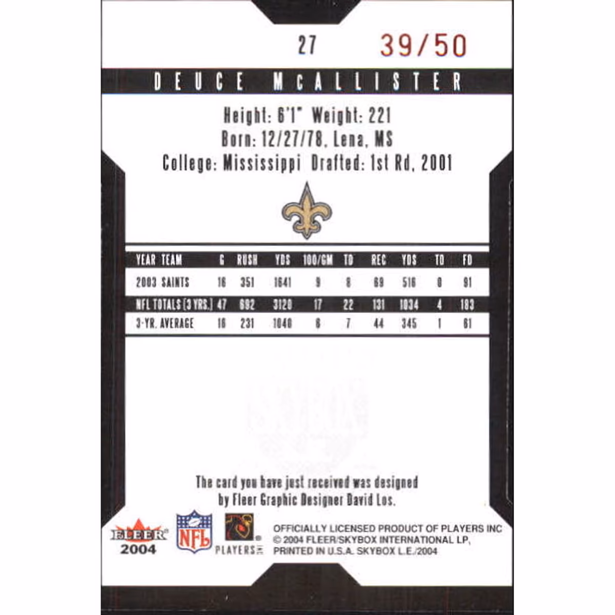 2004 SkyBox LE Black Border Red #27 Deuce McAllister