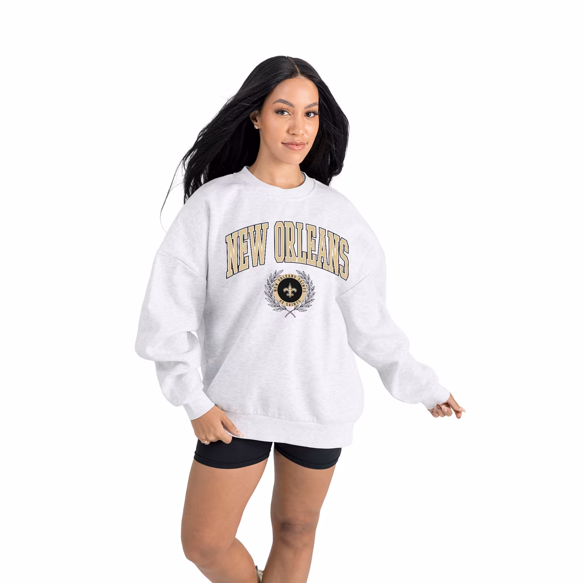 Women's Gameday Couture Ash New Orleans Saints Traditional Logo Oversized Premium Fleece Pullover Sweatshirt 1 Women's Gameday Couture Ash New Orleans Saints Traditional Logo Oversized Premium Fleece Pullover Sweatshirt