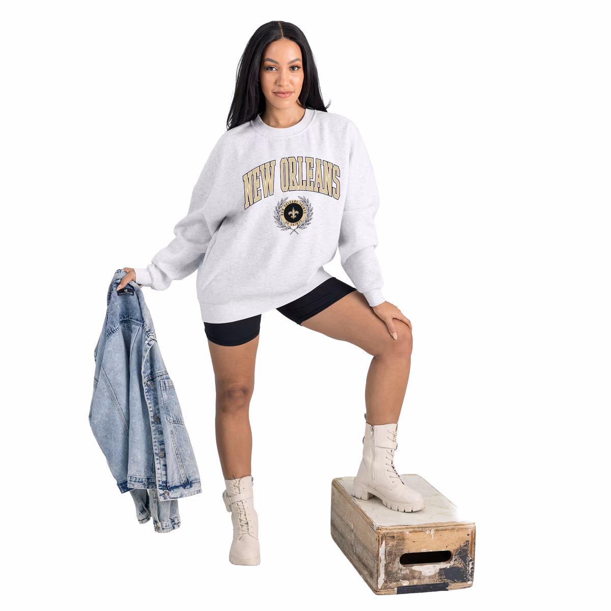 Women's Gameday Couture Ash New Orleans Saints Traditional Logo Oversized Premium Fleece Pullover Sweatshirt 3 Women's Gameday Couture Ash New Orleans Saints Traditional Logo Oversized Premium Fleece Pullover Sweatshirt