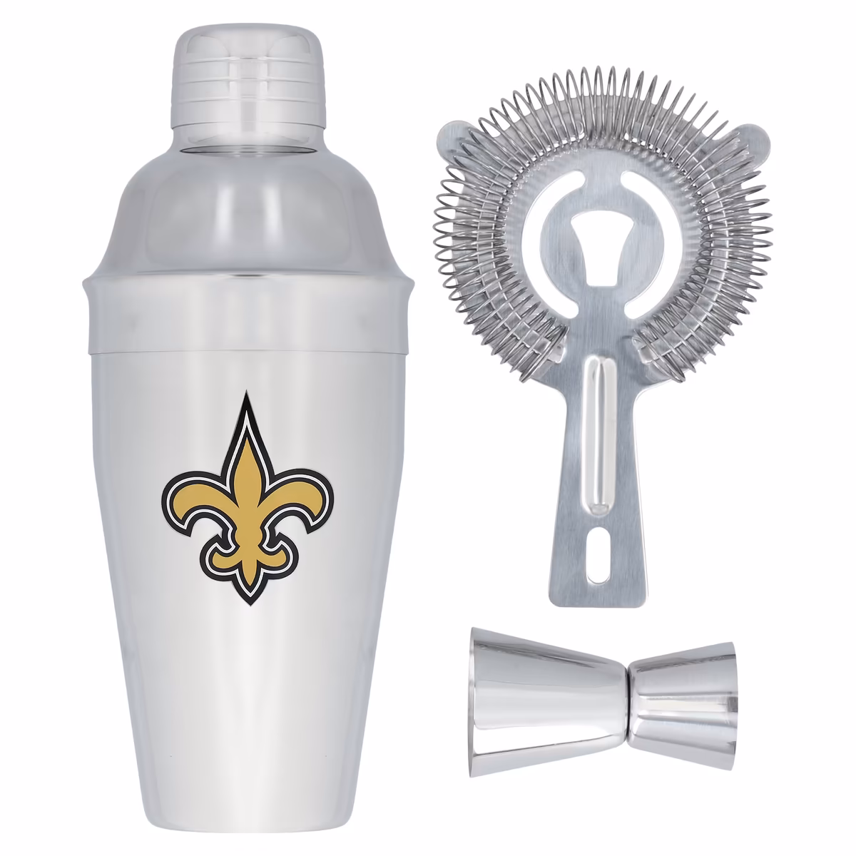 The Memory Company New Orleans Saints Stainless Steel Shaker, Strainer & Jigger Set 1 The Memory Company New Orleans Saints Stainless Steel Shaker, Strainer & Jigger Set