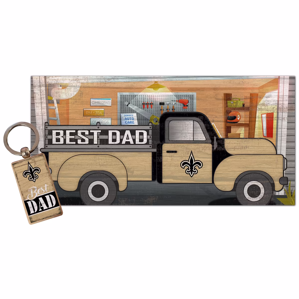 New Orleans Saints 6'' x 12'' Best Dad Truck Sign & Key Chain Bundle 8 New Orleans Saints 6'' x 12'' Best Dad Truck Sign & Key Chain Bundle