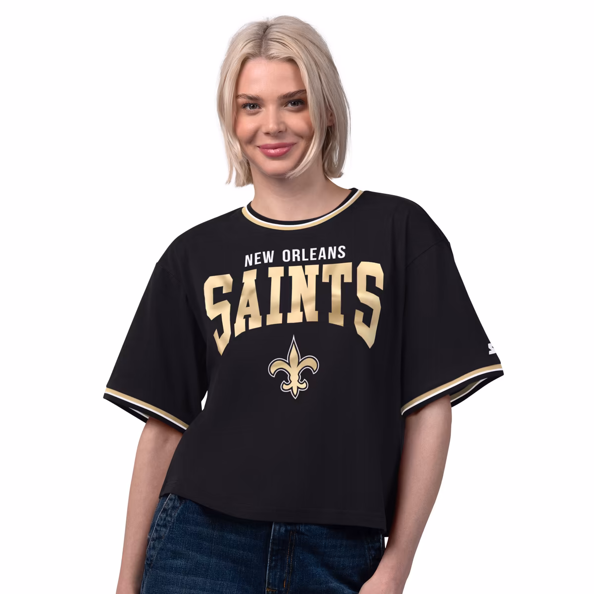 Women's Starter Black New Orleans Saints Ace Cropped T-Shirt 1 Women's Starter Black New Orleans Saints Ace Cropped T-Shirt