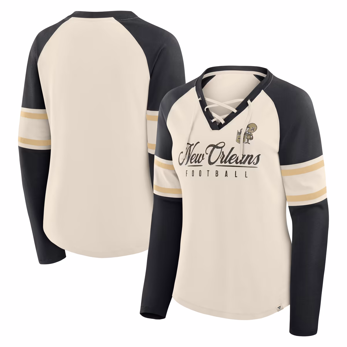 Women's Fanatics Cream/Black New Orleans Saints Hometown Gridiron Hero Raglan Lace-Up V-Neck Long Sleeve T-Shirt 6 Women's Fanatics Cream/Black New Orleans Saints Hometown Gridiron Hero Raglan Lace-Up V-Neck Long Sleeve T-Shirt
