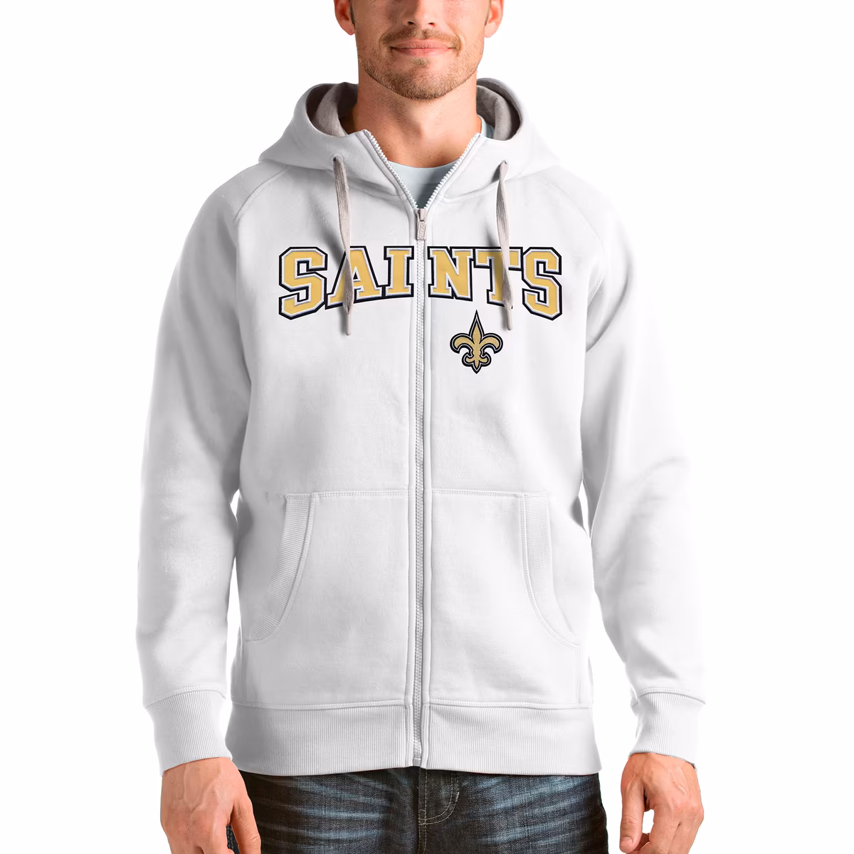 Men's Antigua White New Orleans Saints Wordmark Victory Full-Zip Hoodie 1 Men's Antigua White New Orleans Saints Wordmark Victory Full-Zip Hoodie