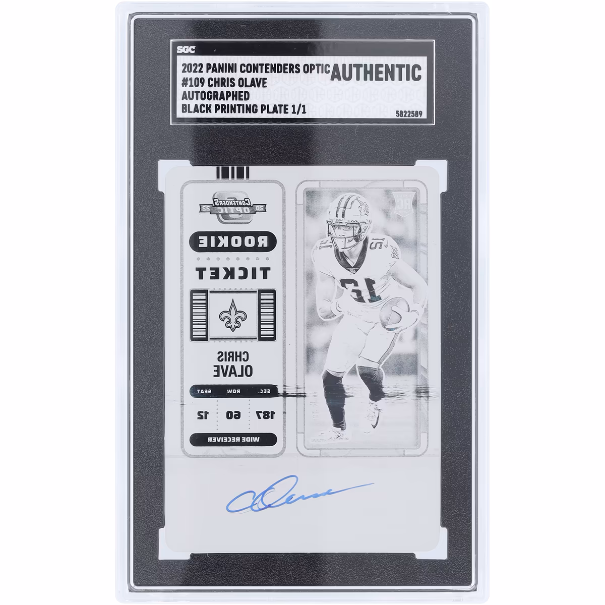 Chris Olave New Orleans Saints Autographed 2022 Panini Contenders Optic Black Printing Plate #109 #1/1 SGC Authenticated Rookie Card 1 Chris Olave New Orleans Saints Autographed 2022 Panini Contenders Optic Black Printing Plate #109 #1/1 SGC Authenticated Rookie Card