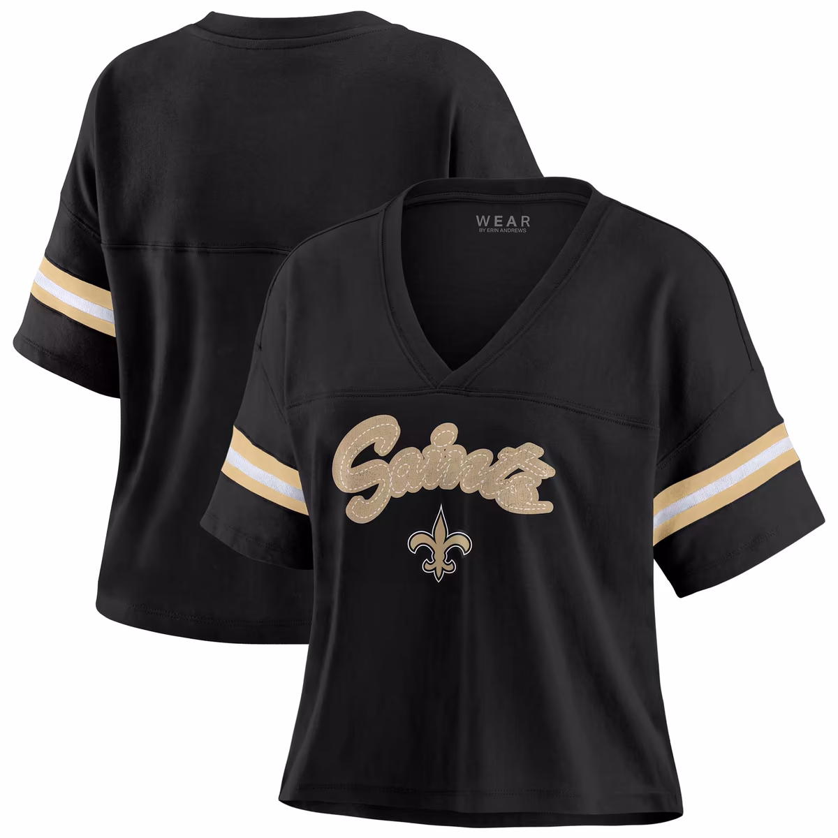 Women's WEAR by Erin Andrews Black New Orleans Saints Plus Size Color Block Boxy V-Neck T-Shirt 2 Women's WEAR by Erin Andrews Black New Orleans Saints Plus Size Color Block Boxy V-Neck T-Shirt