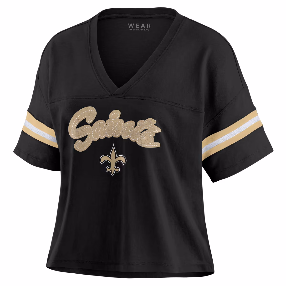 Women's WEAR by Erin Andrews Black New Orleans Saints Plus Size Color Block Boxy V-Neck T-Shirt 3 Women's WEAR by Erin Andrews Black New Orleans Saints Plus Size Color Block Boxy V-Neck T-Shirt