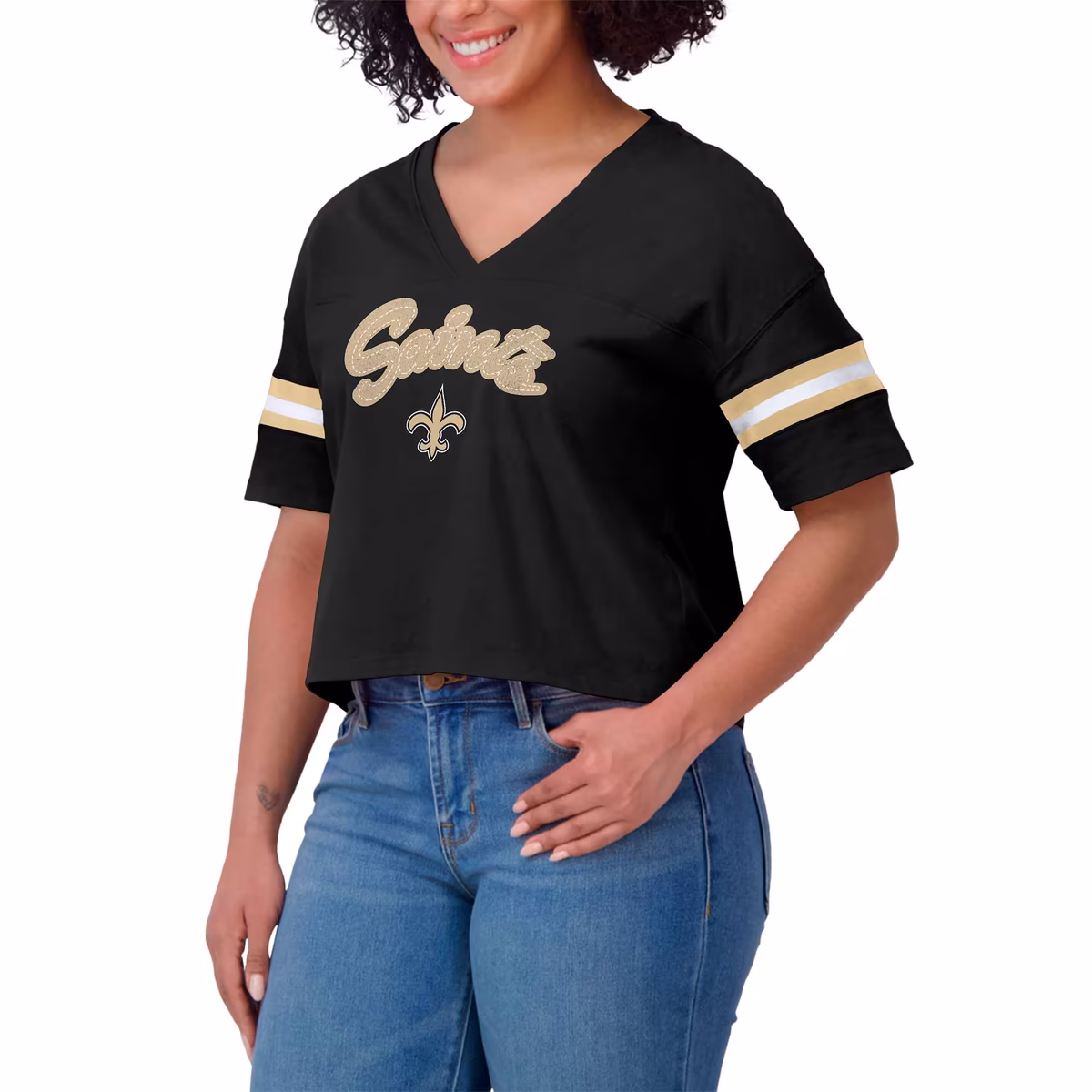 Women's WEAR by Erin Andrews Black New Orleans Saints Plus Size Color Block Boxy V-Neck T-Shirt 5 Women's WEAR by Erin Andrews Black New Orleans Saints Plus Size Color Block Boxy V-Neck T-Shirt