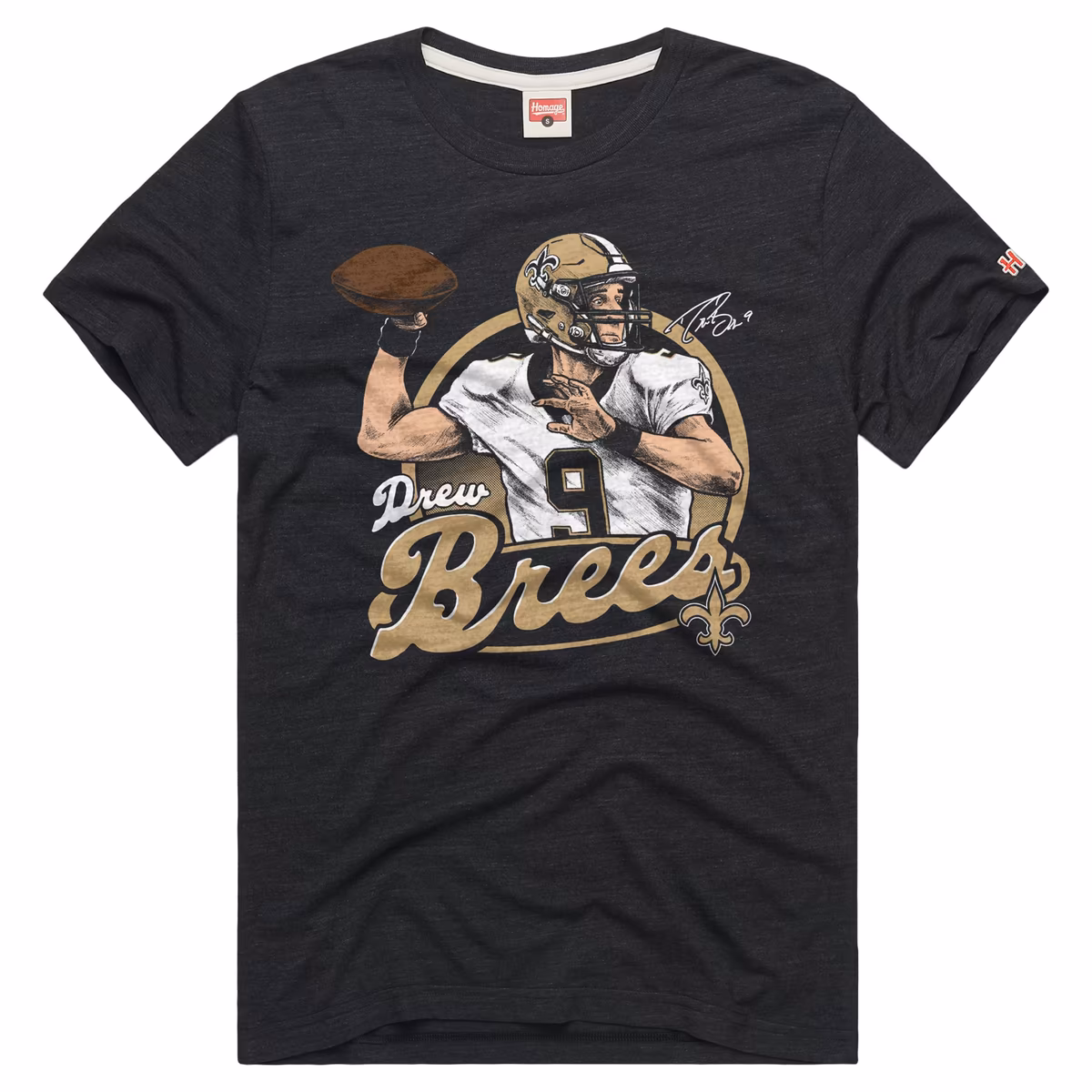 Unisex Homage Drew Brees Charcoal New Orleans Saints Classic Illustration Tri-Blend T-Shirt