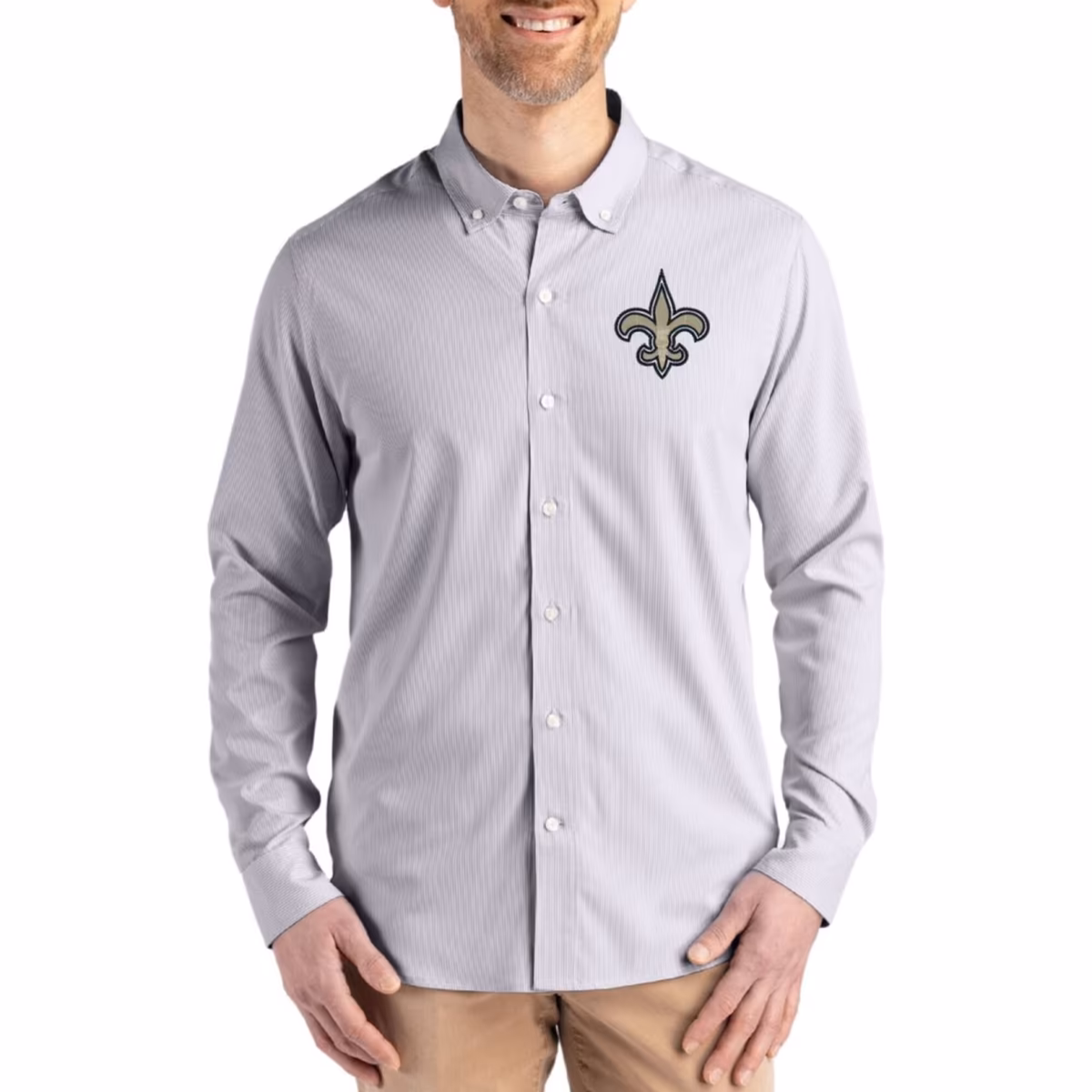 Men's Cutter & Buck Gray New Orleans Saints Skyline Epic Confidence Recycled Pinstripe Long Sleeve Dress Shirt 3 Men's Cutter & Buck Gray New Orleans Saints Skyline Epic Confidence Recycled Pinstripe Long Sleeve Dress Shirt