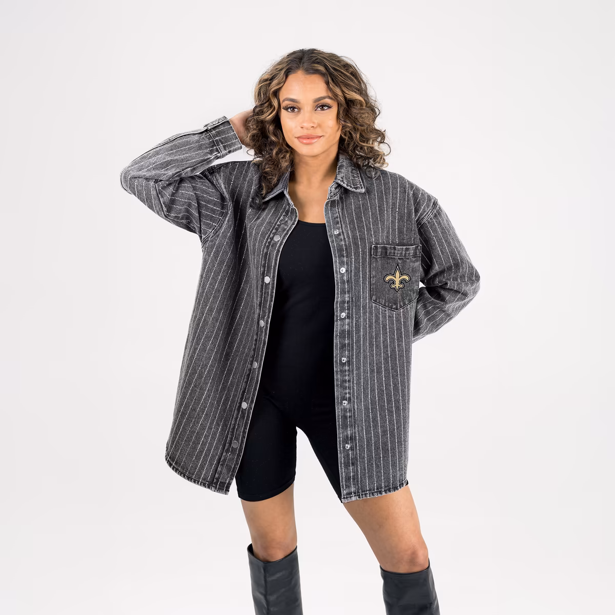 Women's Gameday Couture Black New Orleans Saints Oversized Style's the Limit Micro-Rhinestone Stripe Washed Denim Button Up Overshirt 8 Women's Gameday Couture Black New Orleans Saints Oversized Style's the Limit Micro-Rhinestone Stripe Washed Denim Button Up Overshirt