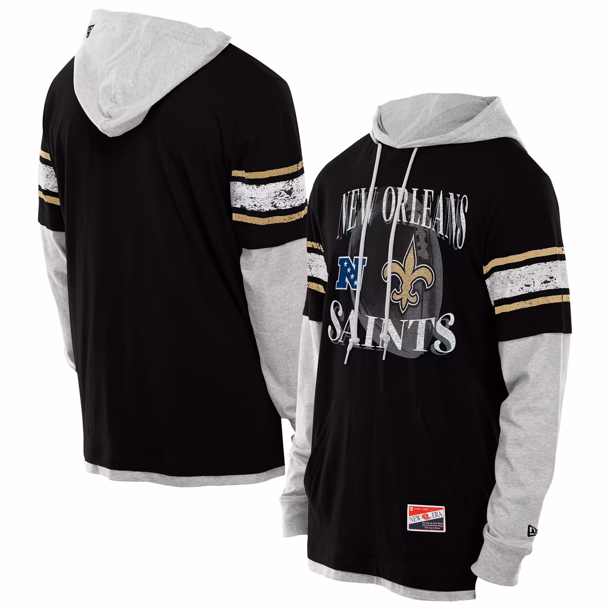 Men's New Era Black New Orleans Saints Twofer Layered Long Sleeve Hoodie T-Shirt 9 Men's New Era Black New Orleans Saints Twofer Layered Long Sleeve Hoodie T-Shirt
