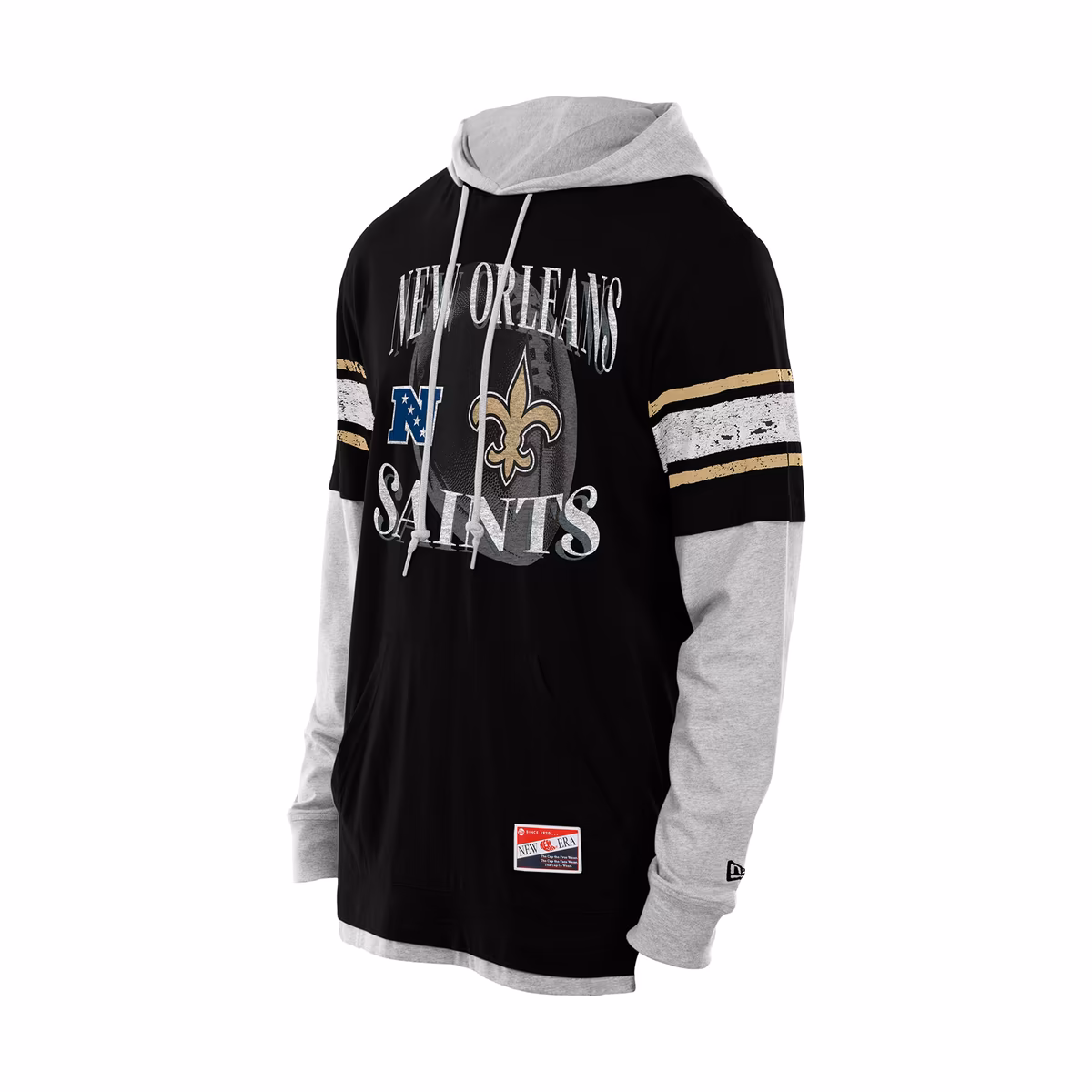 Men's New Era Black New Orleans Saints Twofer Layered Long Sleeve Hoodie T-Shirt 3 Men's New Era Black New Orleans Saints Twofer Layered Long Sleeve Hoodie T-Shirt