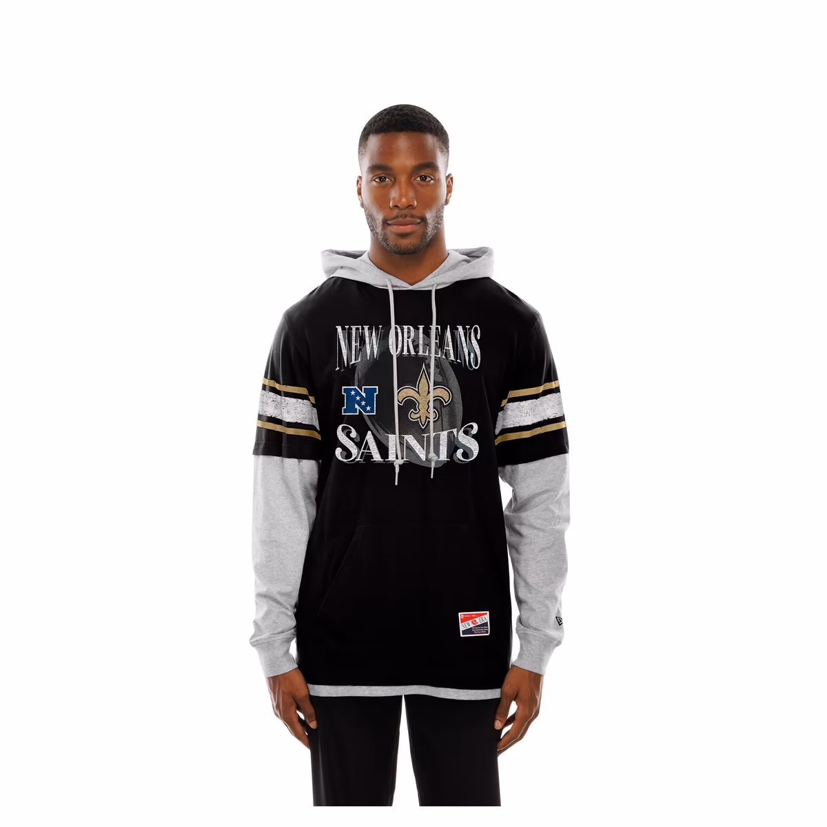 Men's New Era Black New Orleans Saints Twofer Layered Long Sleeve Hoodie T-Shirt 5 Men's New Era Black New Orleans Saints Twofer Layered Long Sleeve Hoodie T-Shirt