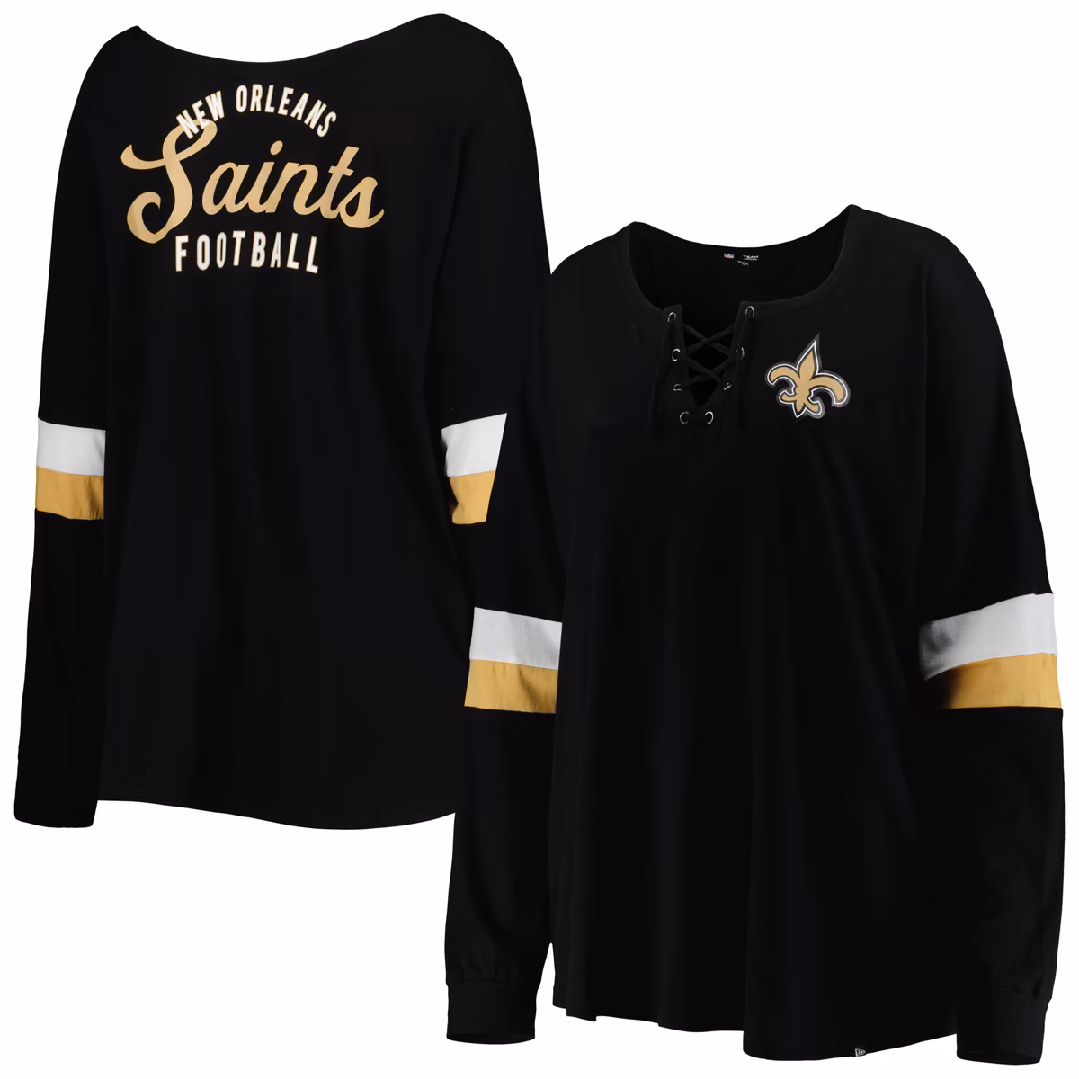 Women's New Era Black New Orleans Saints Plus Size Athletic Varsity Lace-Up V-Neck Long Sleeve T-Shirt 2 Women's New Era Black New Orleans Saints Plus Size Athletic Varsity Lace-Up V-Neck Long Sleeve T-Shirt