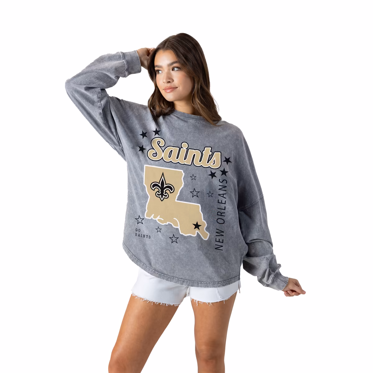 Women's Gameday Couture Gray New Orleans Saints Starbound Oversized Snow Wash Long Sleeve T-Shirt 3 Women's Gameday Couture Gray New Orleans Saints Starbound Oversized Snow Wash Long Sleeve T-Shirt