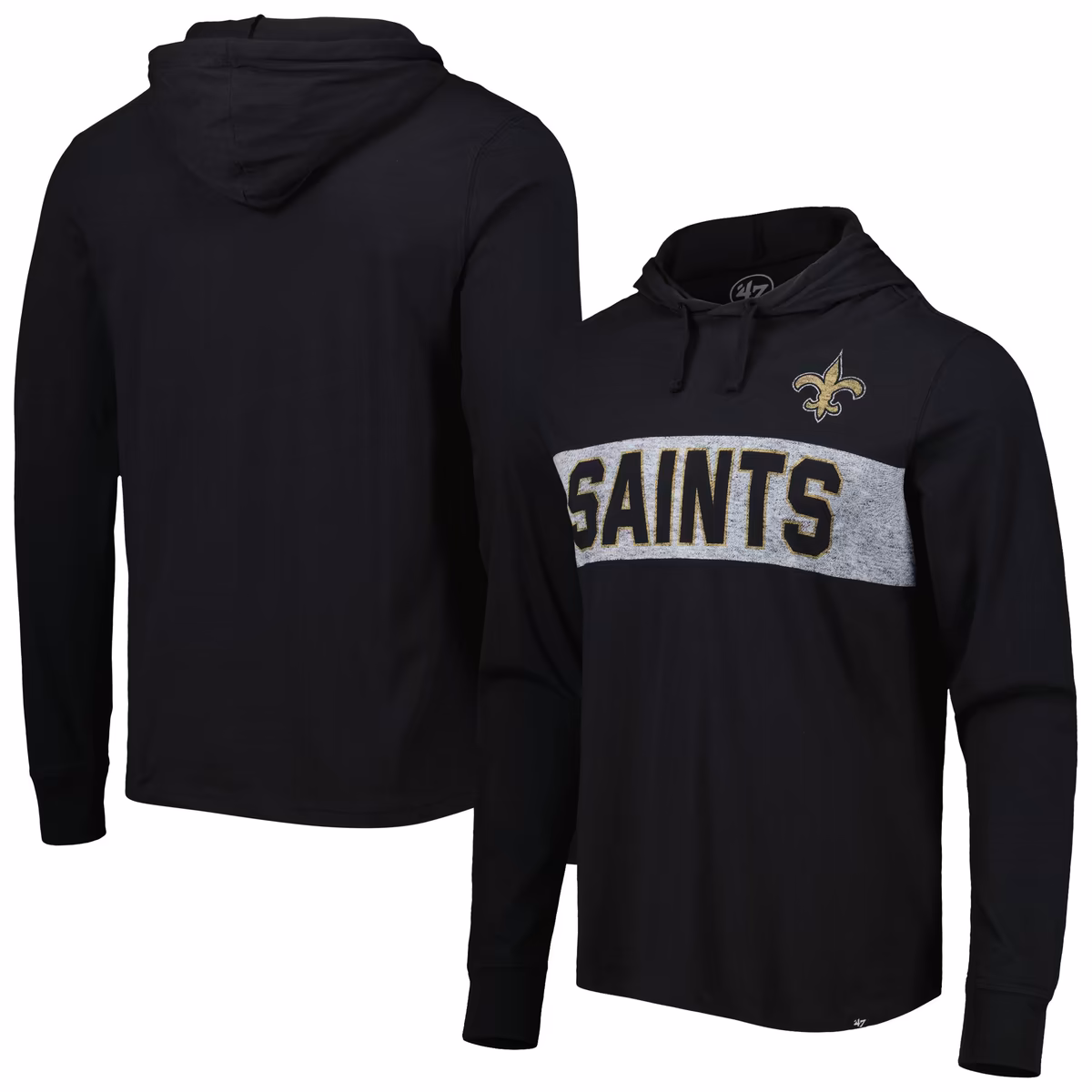 Men's '47 Black New Orleans Saints Field Franklin Hooded Long Sleeve T-Shirt 11 Men's '47 Black New Orleans Saints Field Franklin Hooded Long Sleeve T-Shirt