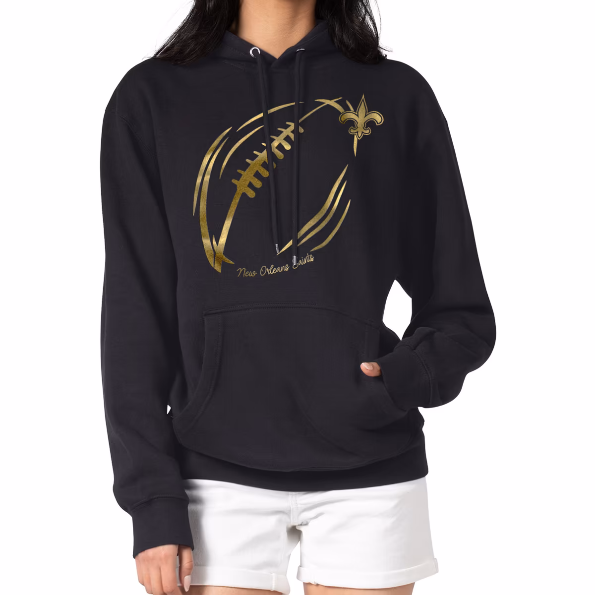 Women's G-III 4Her by Carl Banks Black New Orleans Saints Metallic Print Football Sketch Fleece Pullover Hoodie 1 Women's G-III 4Her by Carl Banks Black New Orleans Saints Metallic Print Football Sketch Fleece Pullover Hoodie