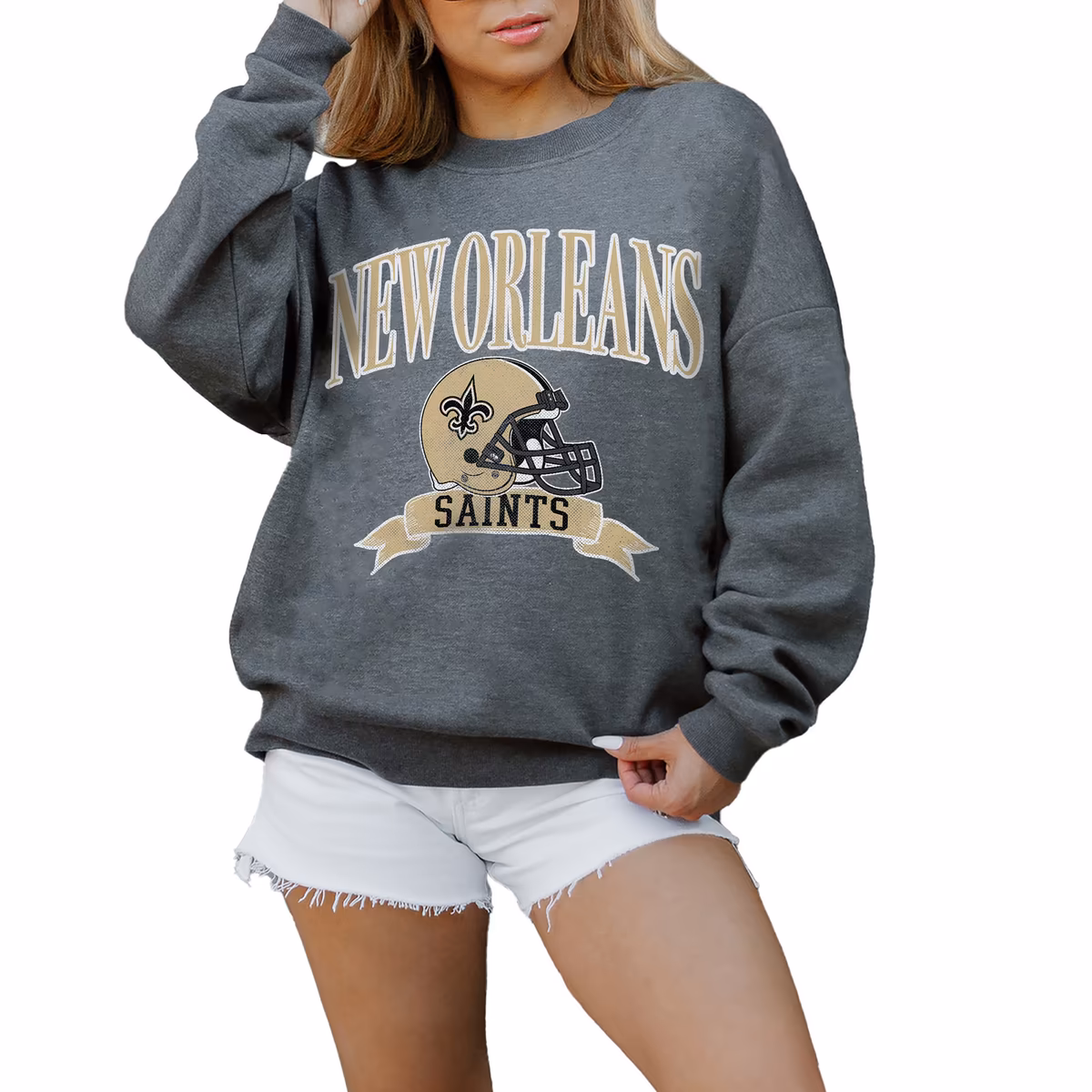 Women's Gameday Couture Charcoal New Orleans Saints Oversized Seal The Deal Premium Fleece Drop Shoulder Pullover Sweatshirt